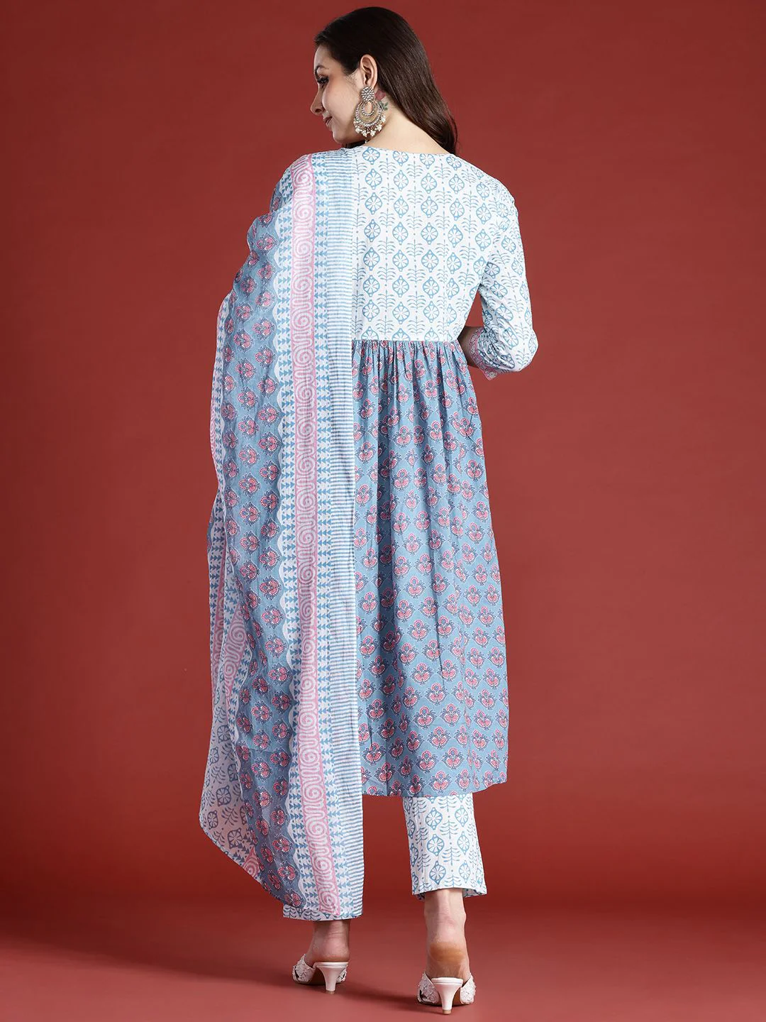 Indo Era Floral Printed Empire Beads and Stones Pure Cotton Kurta with Trousers & Dupatta - Image 6