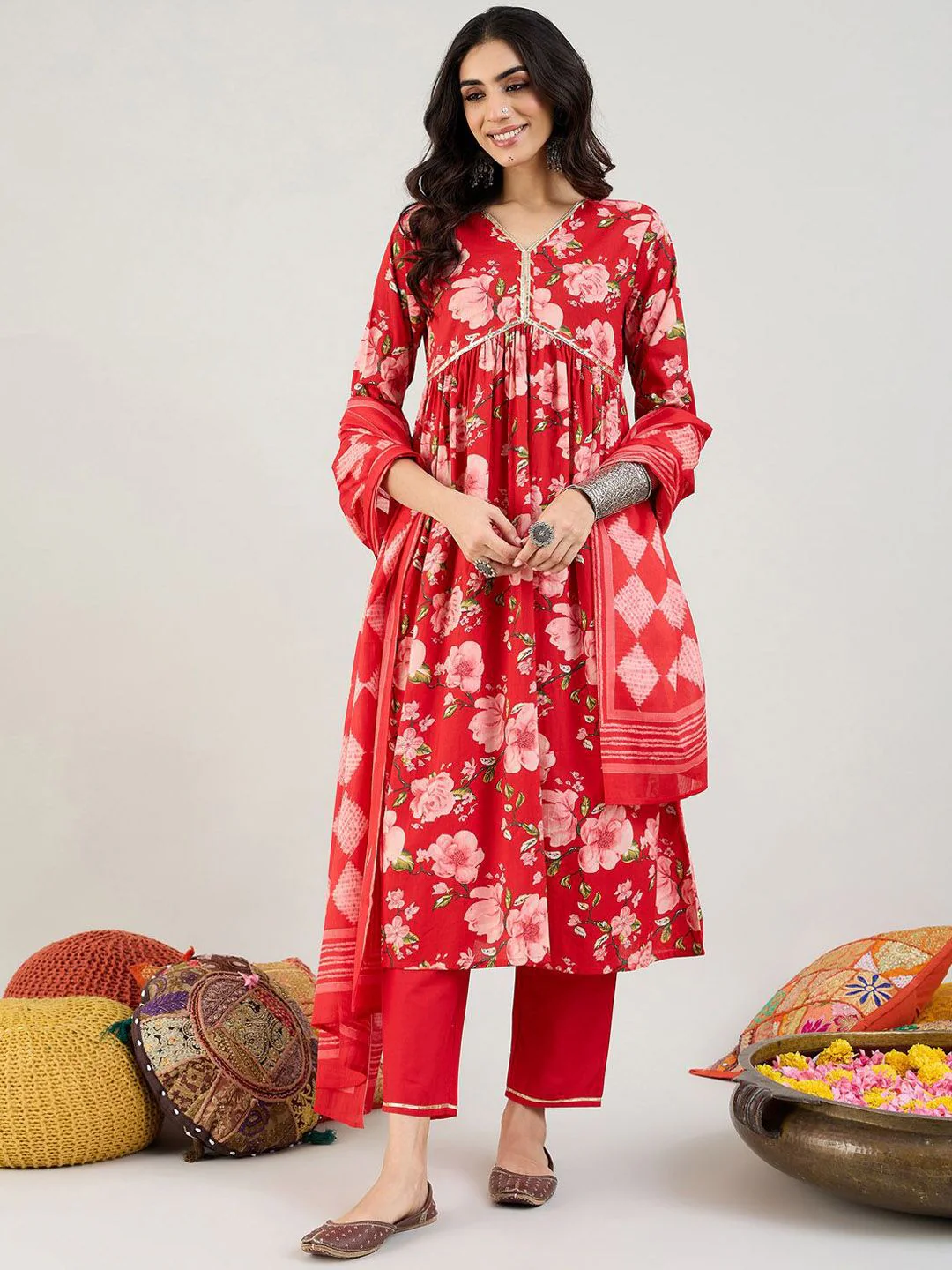 Indo Era Floral Printed Empire Gotta Patti Pure Cotton Kurta & Trousers & Dupatta - Image 2