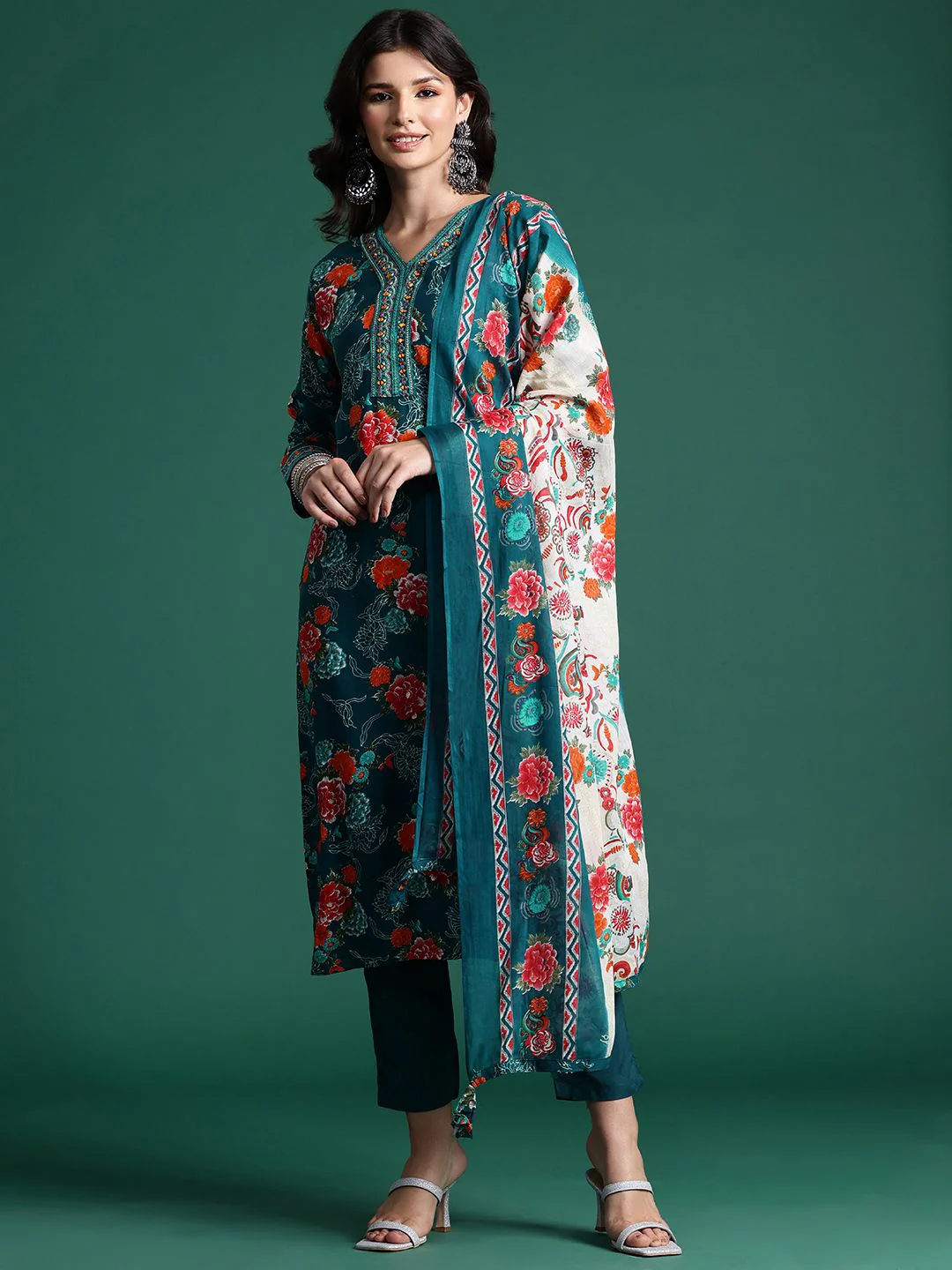Indo Era Floral Printed Mirror Work Kurta with Trousers & With Dupatta - Image 4