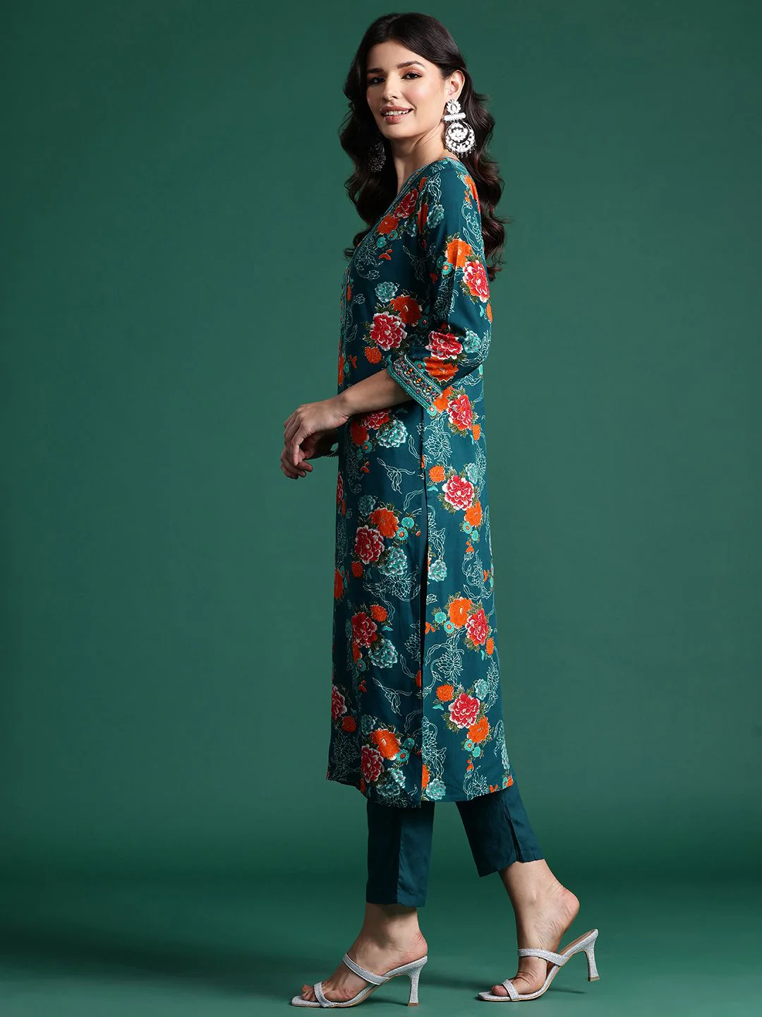 Indo Era Floral Printed Mirror Work Kurta with Trousers & With Dupatta - Image 6