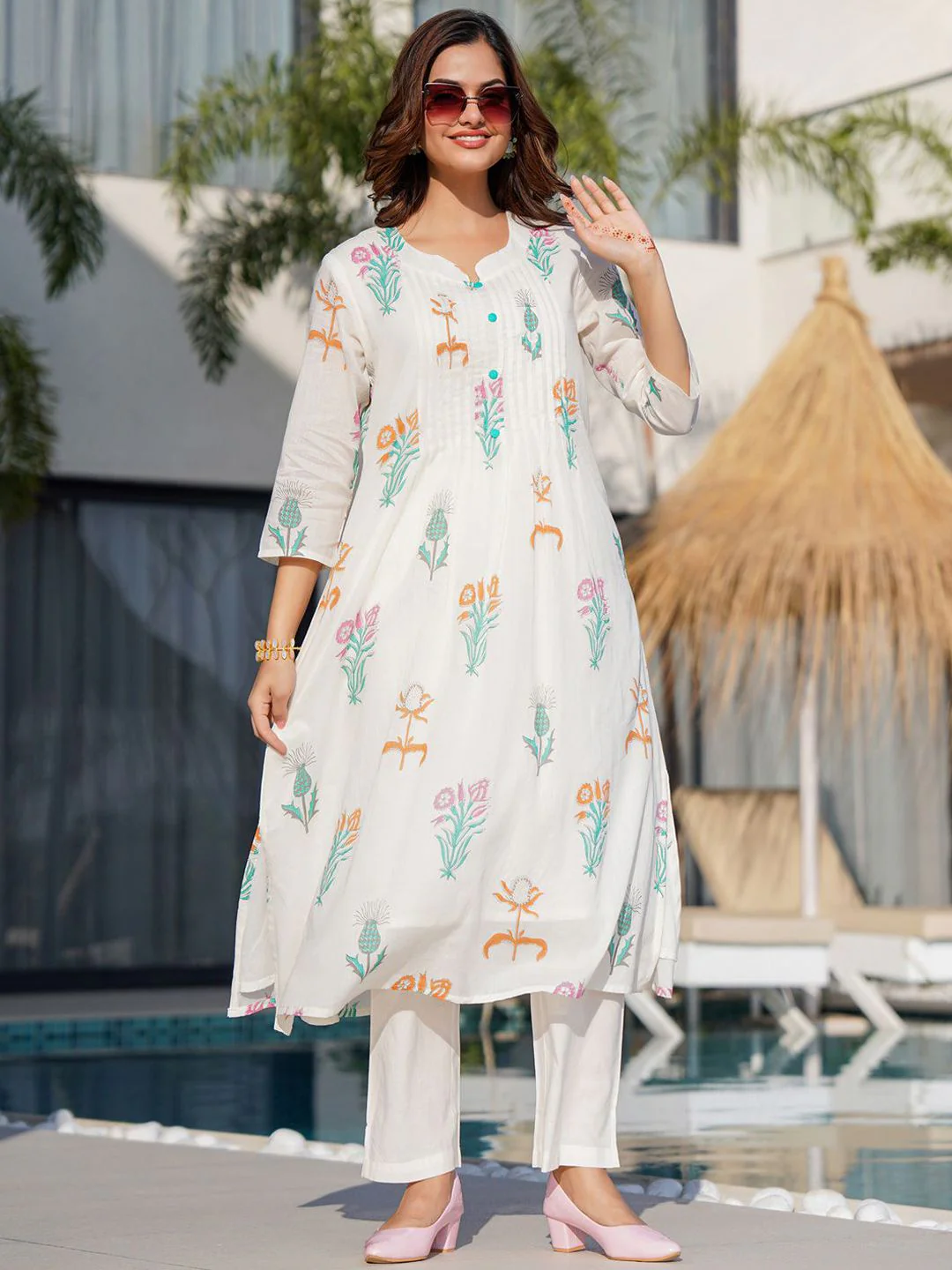 Indo Era Floral Printed Pure Cotton A-Line Kurta with Trousers - Image 2