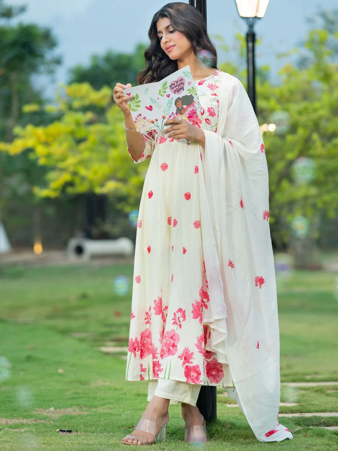 Indo Era Floral Printed Pure Cotton Anarkali Kurta With Trousers & Dupatta - Image 2