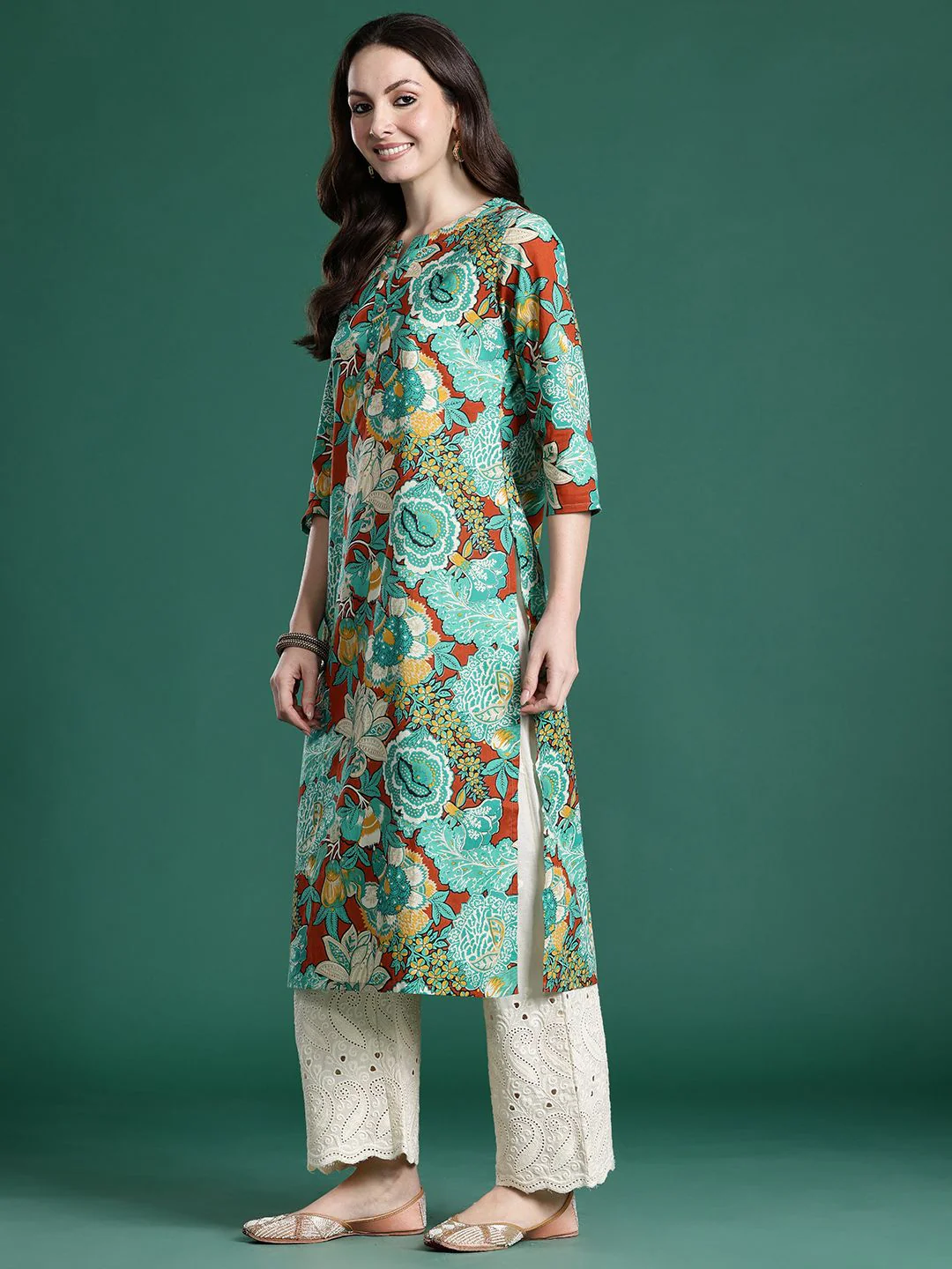 Indo Era Floral Printed Pure Cotton Kurta - Image 3