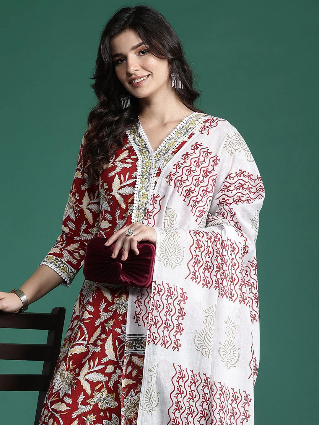 Indo Era Floral Printed Pure Cotton Kurta With Trousers & Dupatta