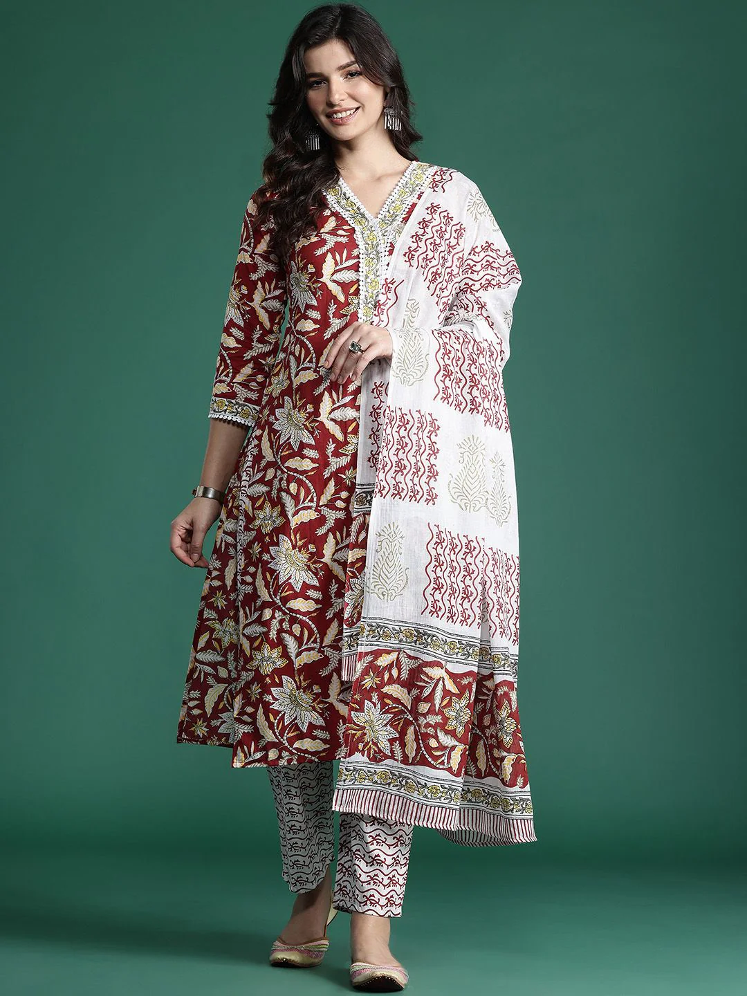 Indo Era Floral Printed Pure Cotton Kurta With Trousers & Dupatta - Image 2