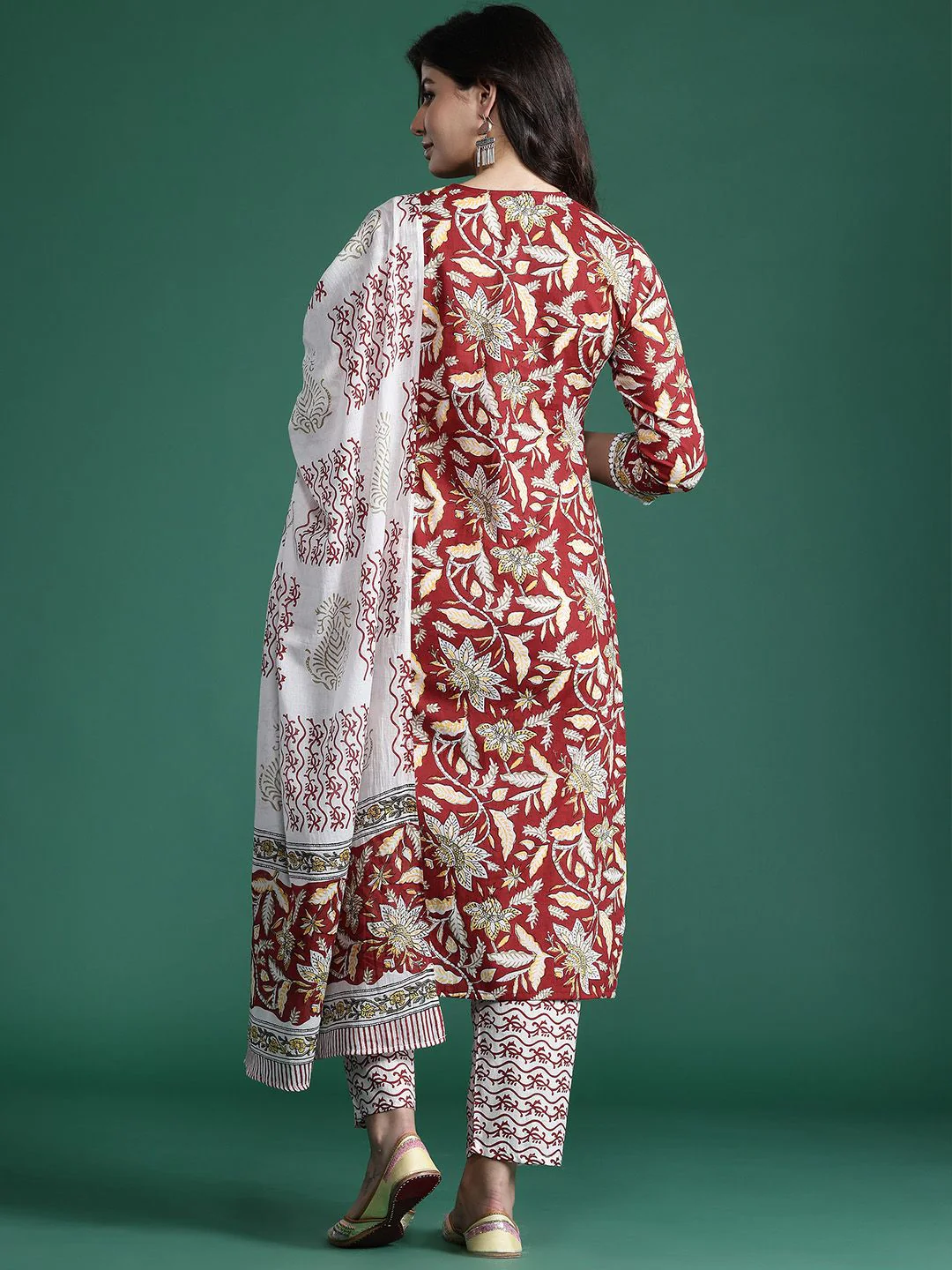 Indo Era Floral Printed Pure Cotton Kurta With Trousers & Dupatta - Image 6