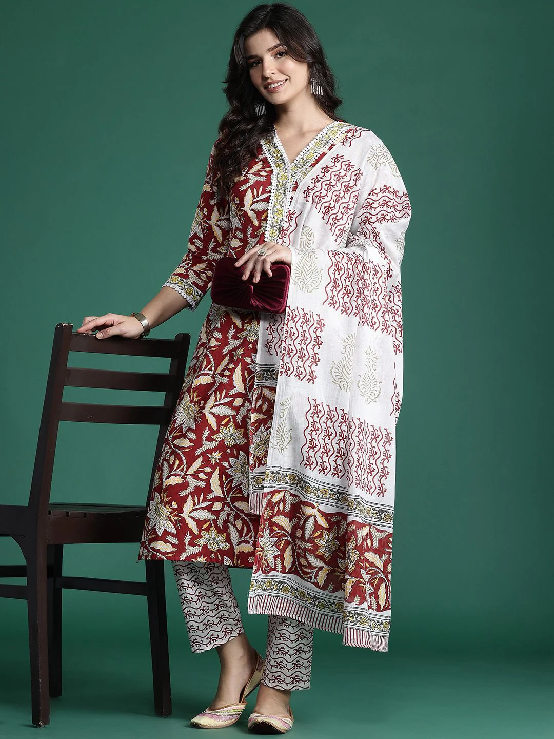 Indo Era Floral Printed Pure Cotton Kurta With Trousers & Dupatta - Image 7