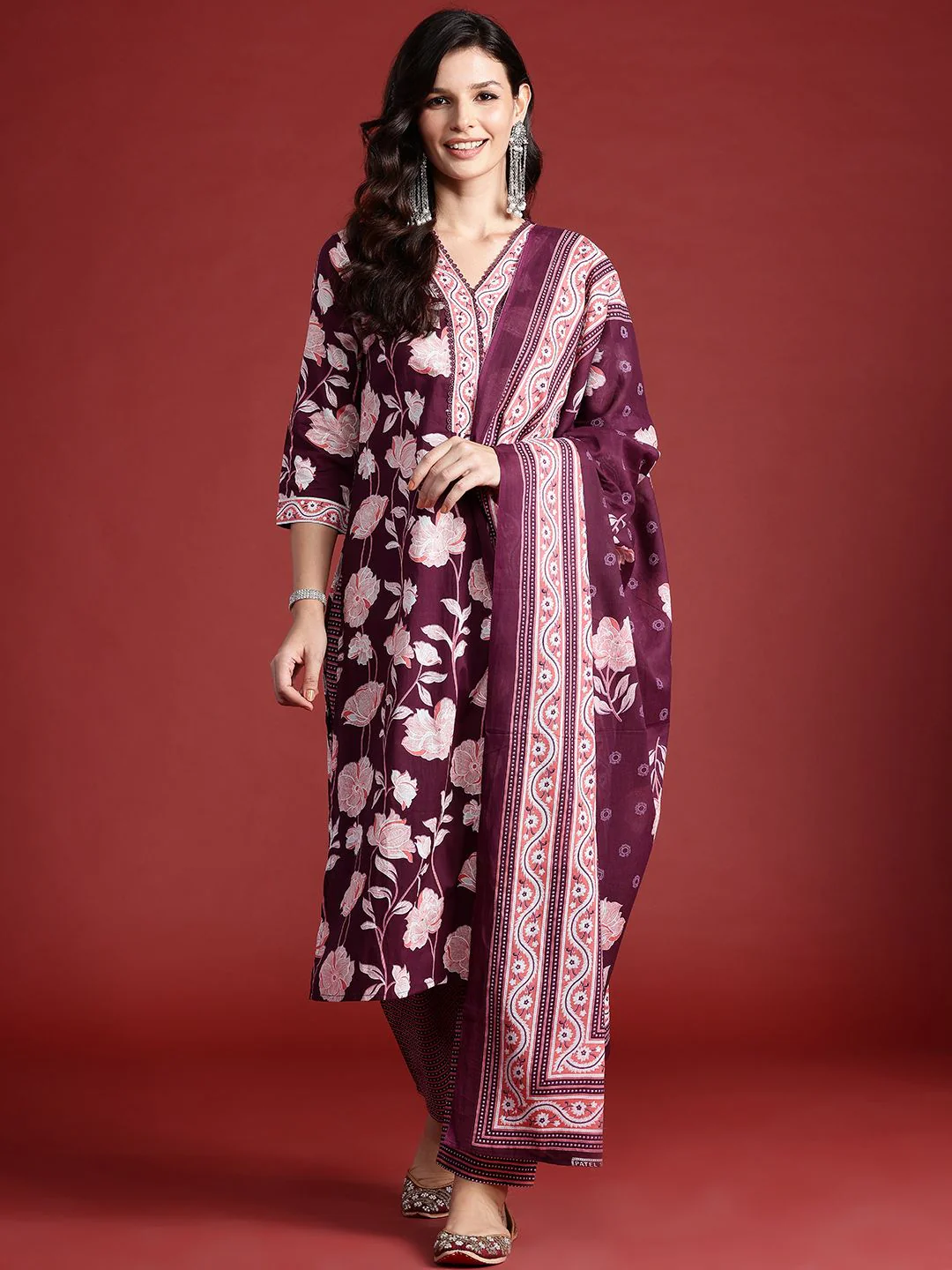 Indo Era Floral Printed Pure Cotton Kurta With Trousers & Dupatta - Image 2