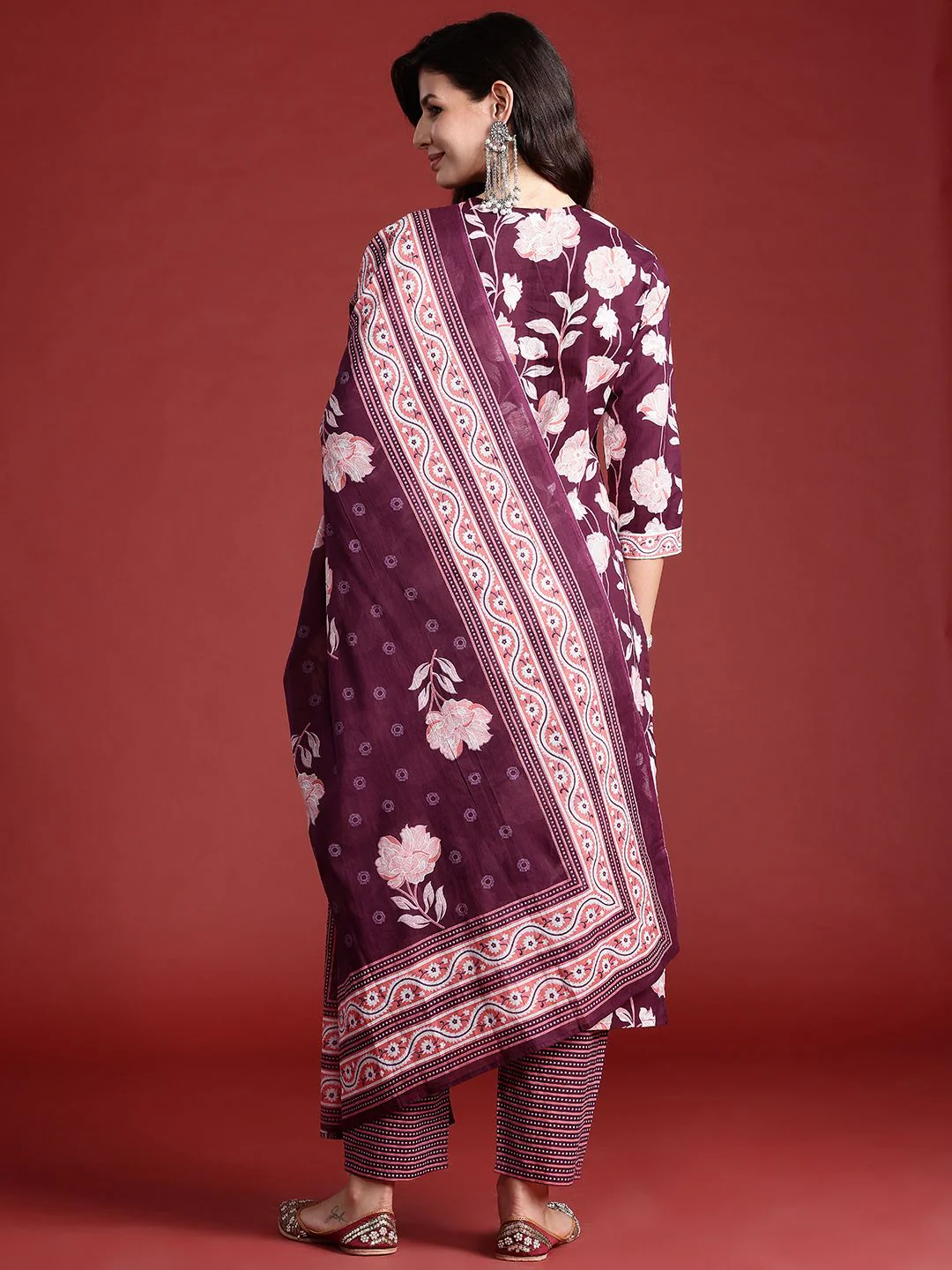 Indo Era Floral Printed Pure Cotton Kurta With Trousers & Dupatta - Image 6