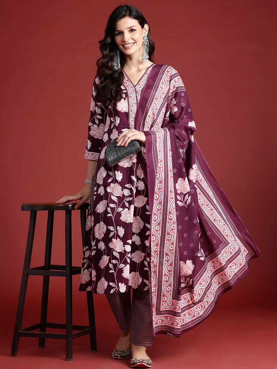 Indo Era Floral Printed Pure Cotton Kurta With Trousers & Dupatta - Image 7