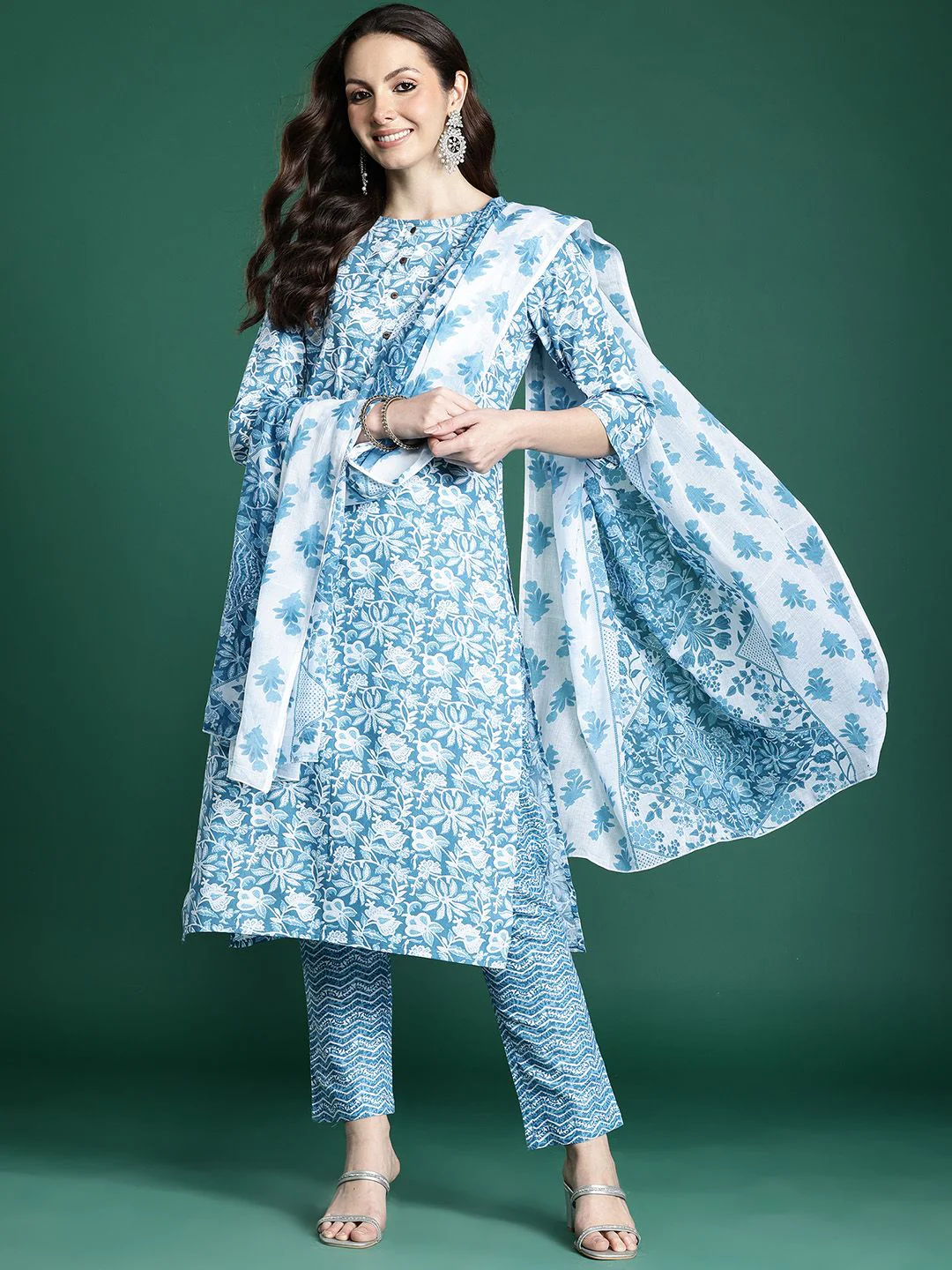 Indo Era Floral Printed Pure Cotton Kurta with Trousers & Dupatta - Image 4