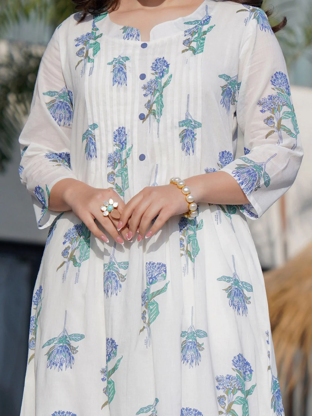 Indo Era Floral Printed Round Neck Panelled A-Line Pure Cotton Kurta With Trousers - Image 3