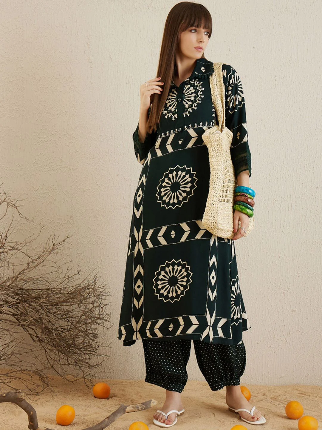 Indo Era Floral Printed Sequinned Shirt Collar A-Line Kurta with Salwar - Image 6
