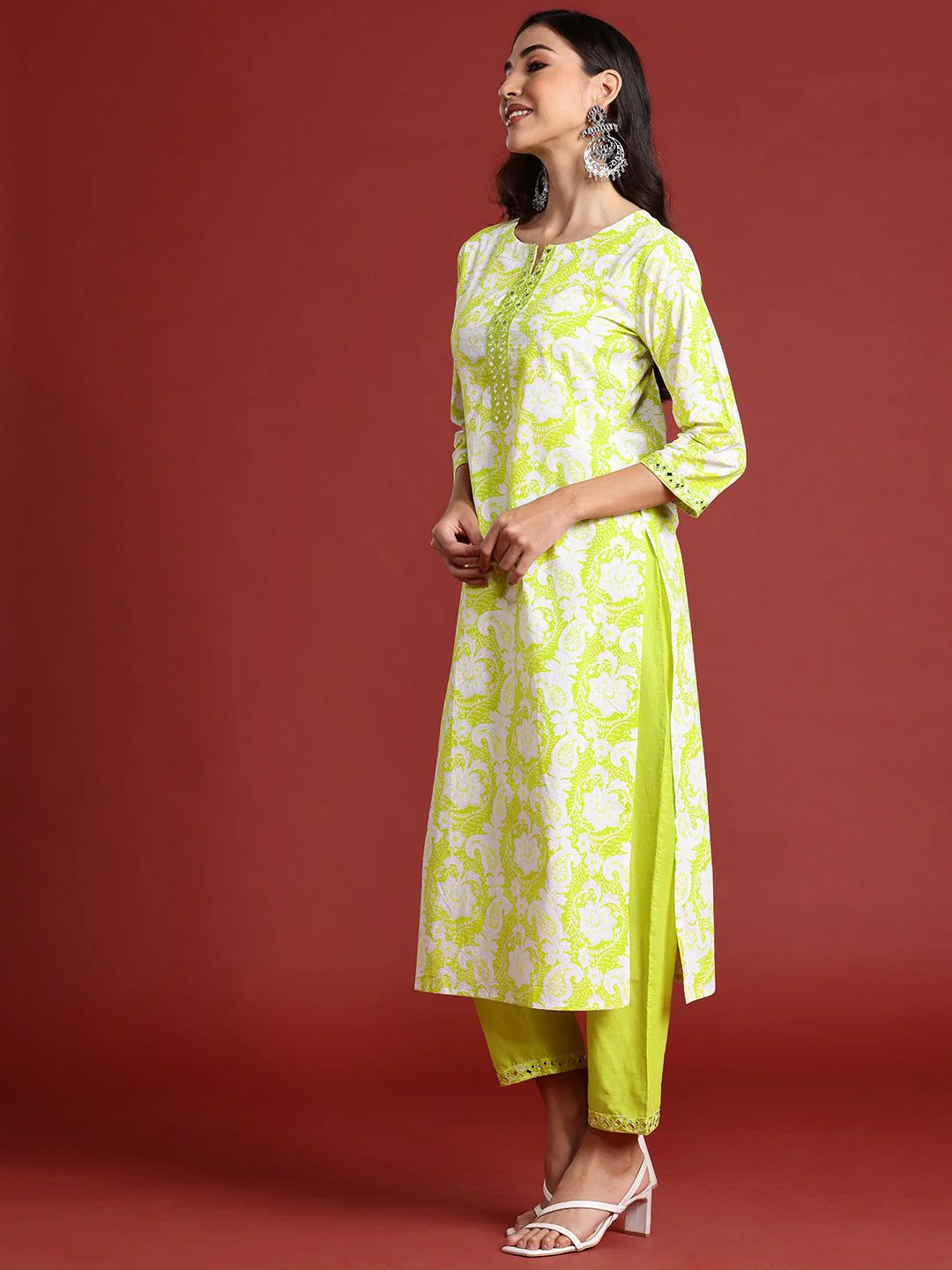 Indo Era Floral Printed Thread Work Pure Cotton Kurta With Trousers & Dupatta - Image 4
