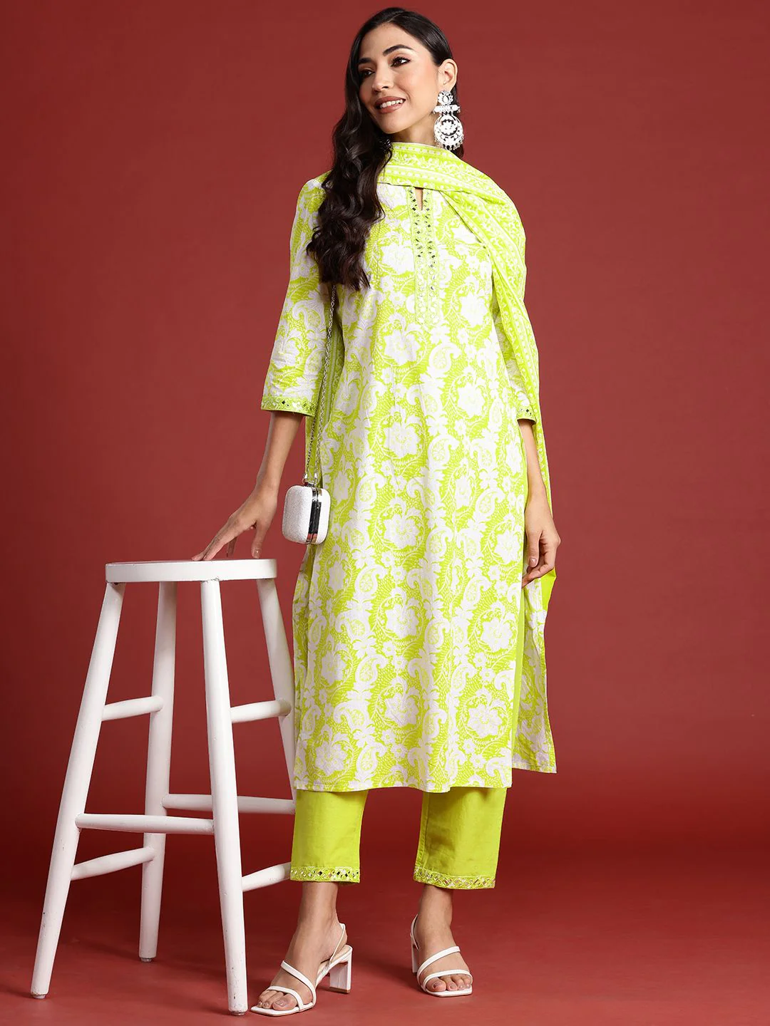 Indo Era Floral Printed Thread Work Pure Cotton Kurta With Trousers & Dupatta - Image 7