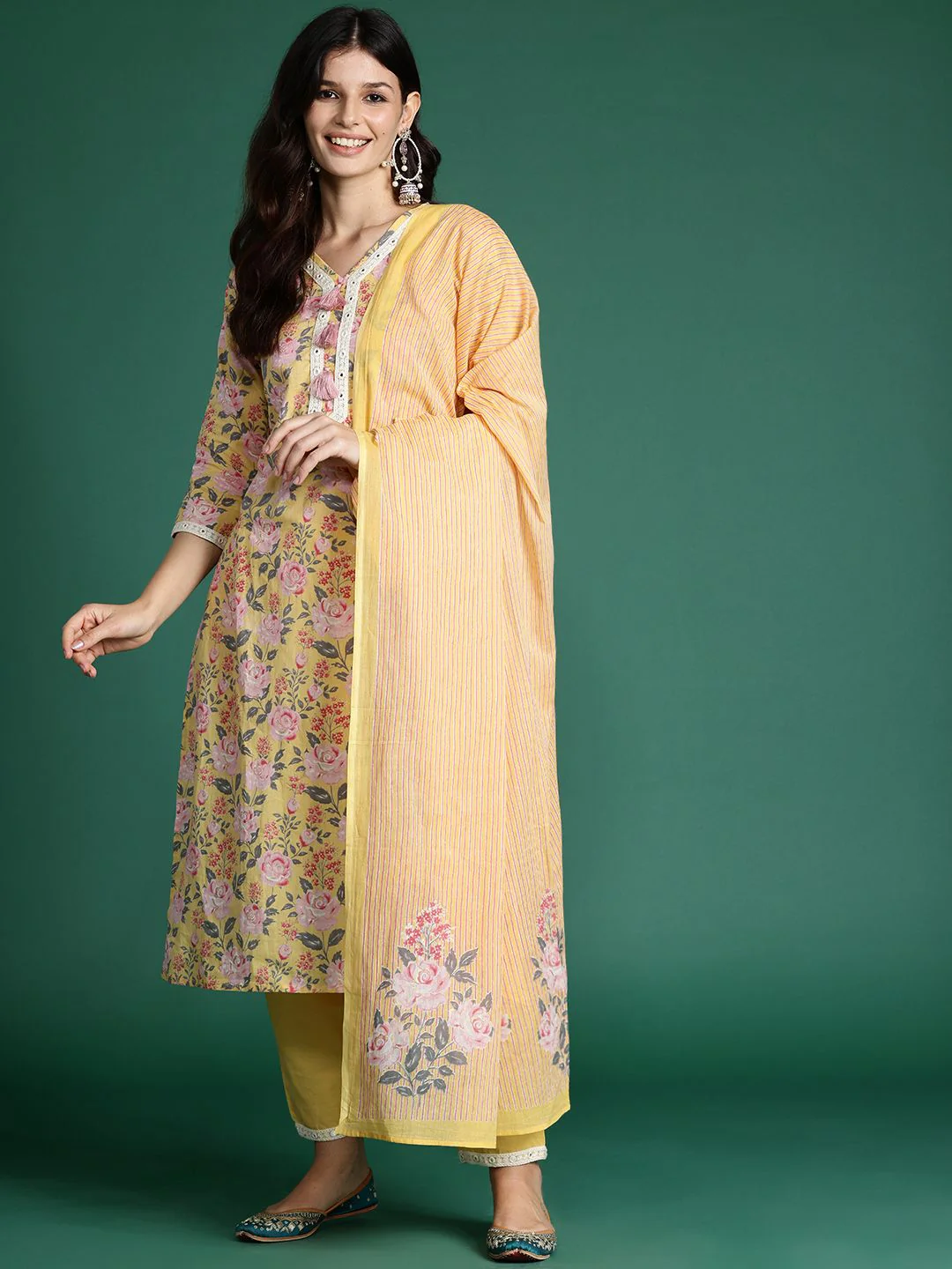 Indo Era Floral Printed Thread Work Pure Cotton Kurta with Trousers & Dupatta - Image 2
