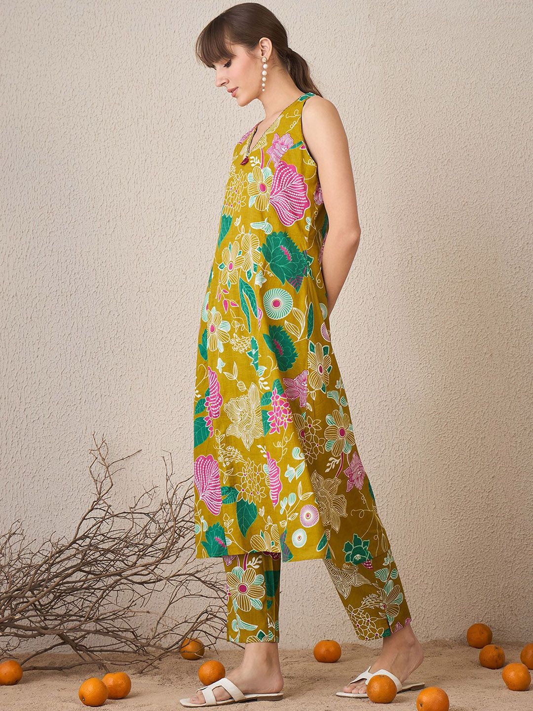 Indo Era Floral Printed V-Neck Pure Cotton A-Line Tunic With Trouser - Image 3
