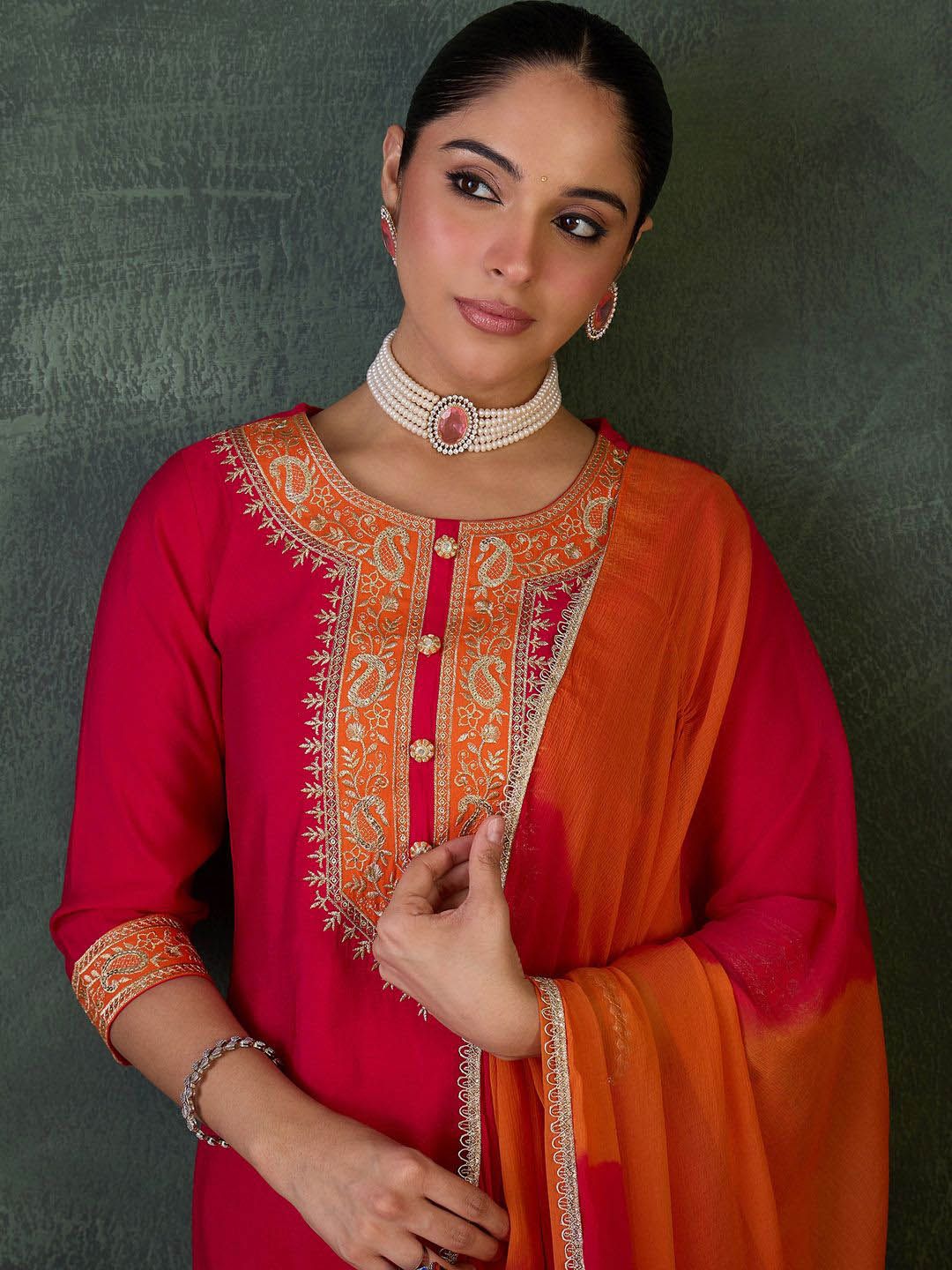 Indo Era Floral Yoke Design Round Neck Zari Straight Kurta With Trousers & Dupatta