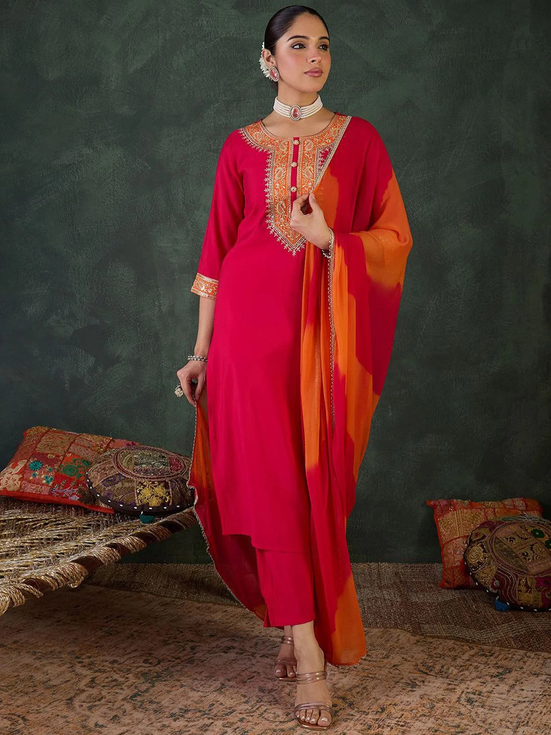 Indo Era Floral Yoke Design Round Neck Zari Straight Kurta With Trousers & Dupatta - Image 2