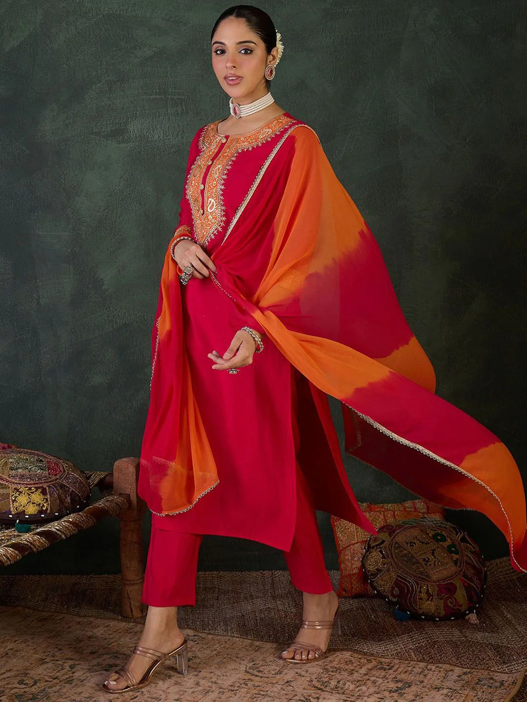Indo Era Floral Yoke Design Round Neck Zari Straight Kurta With Trousers & Dupatta - Image 3