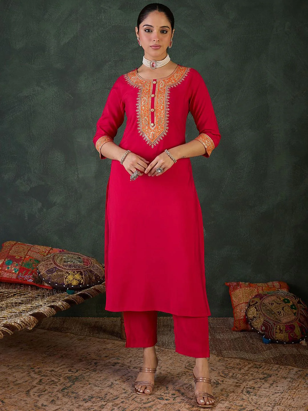 Indo Era Floral Yoke Design Round Neck Zari Straight Kurta With Trousers & Dupatta - Image 4