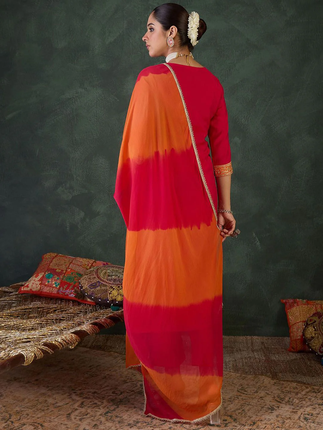 Indo Era Floral Yoke Design Round Neck Zari Straight Kurta With Trousers & Dupatta - Image 5