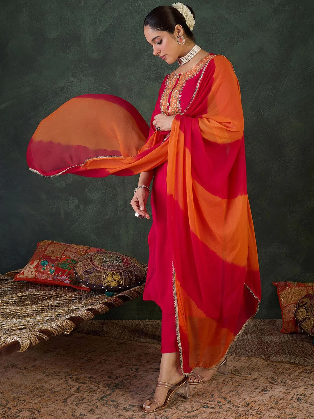 Indo Era Floral Yoke Design Round Neck Zari Straight Kurta With Trousers & Dupatta - Image 6