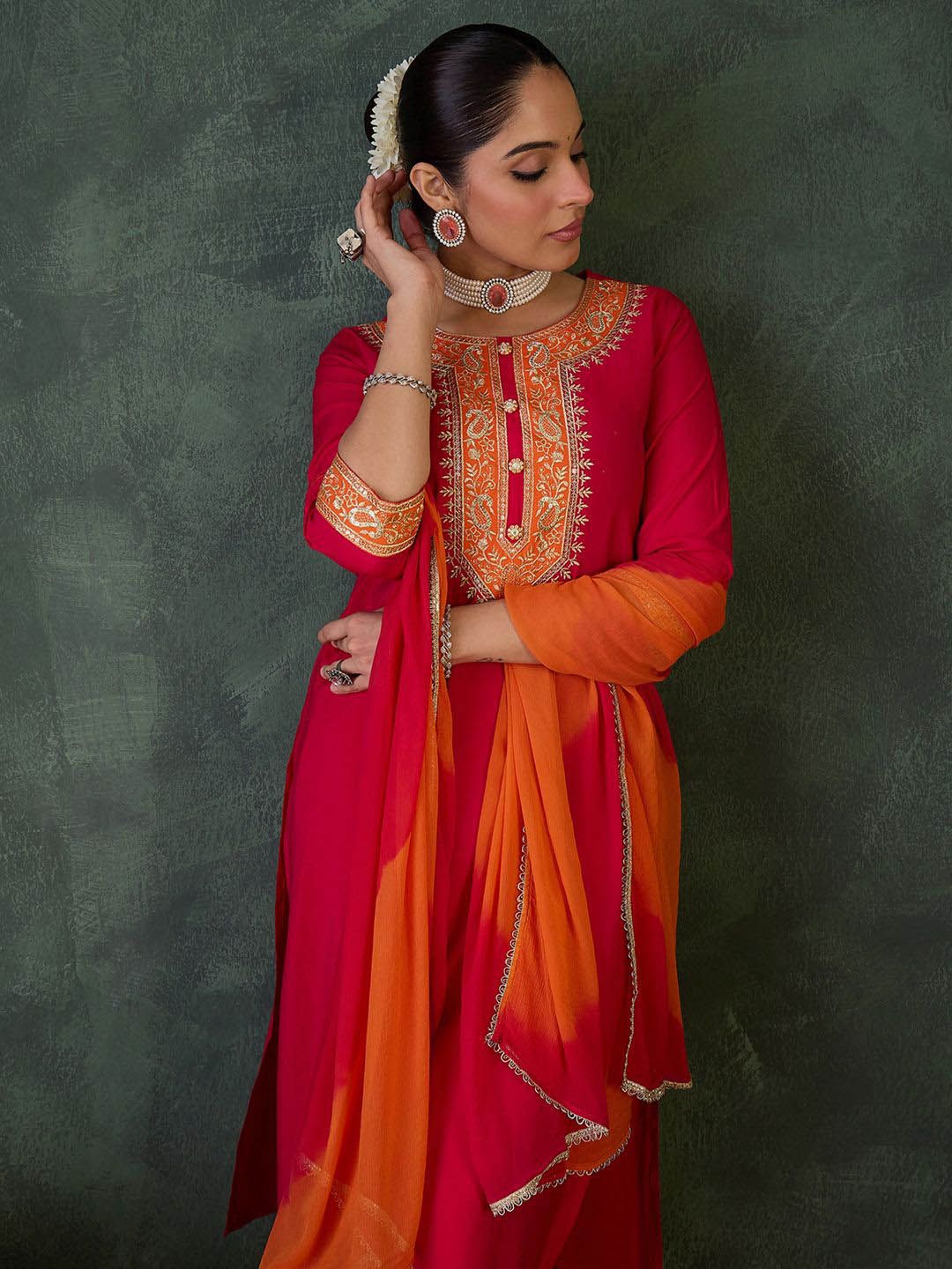 Indo Era Floral Yoke Design Round Neck Zari Straight Kurta With Trousers & Dupatta - Image 7