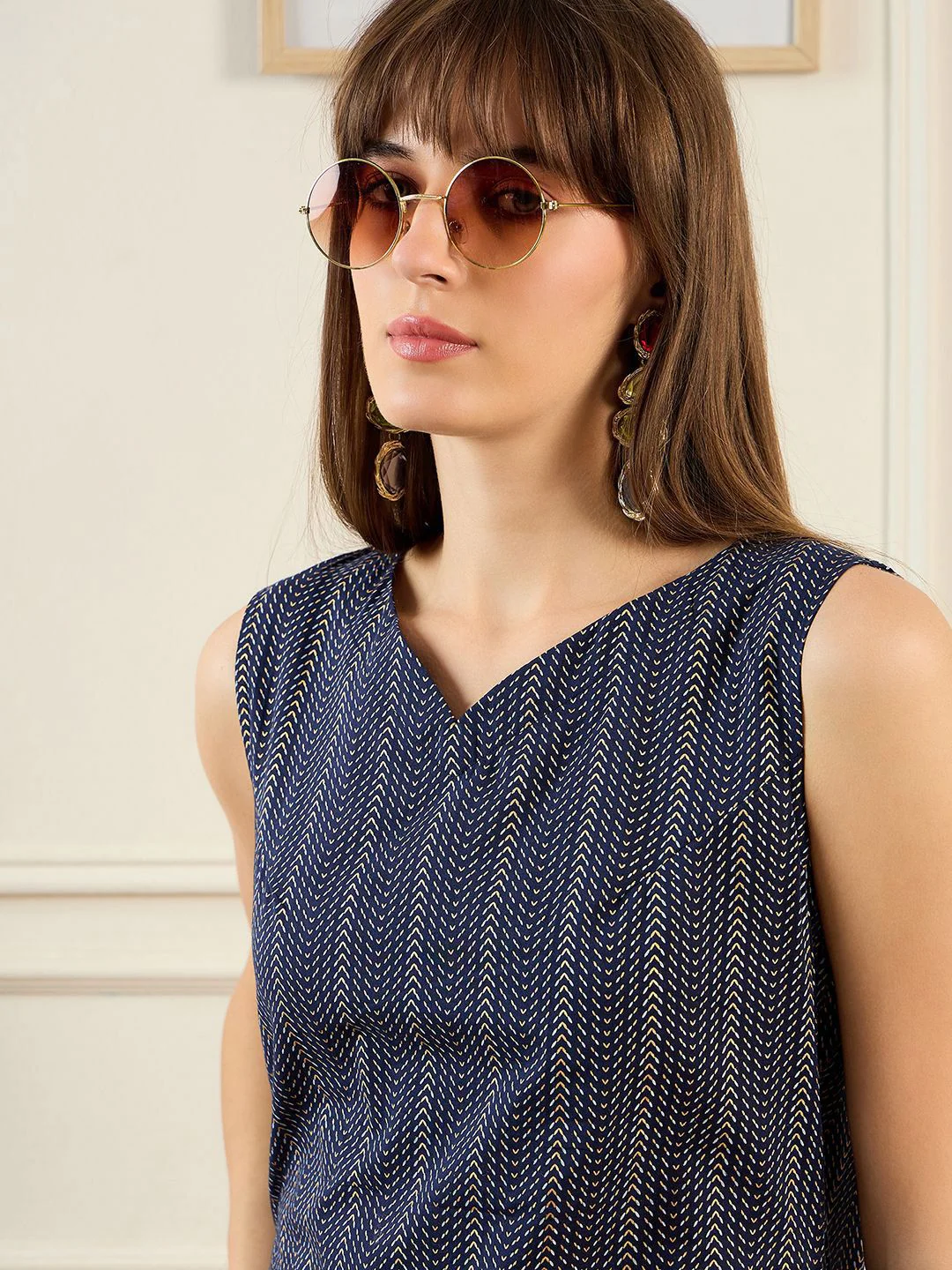 Indo Era Geometric Printed V-Neck Pure Cotton Straight Kurta With Trousers