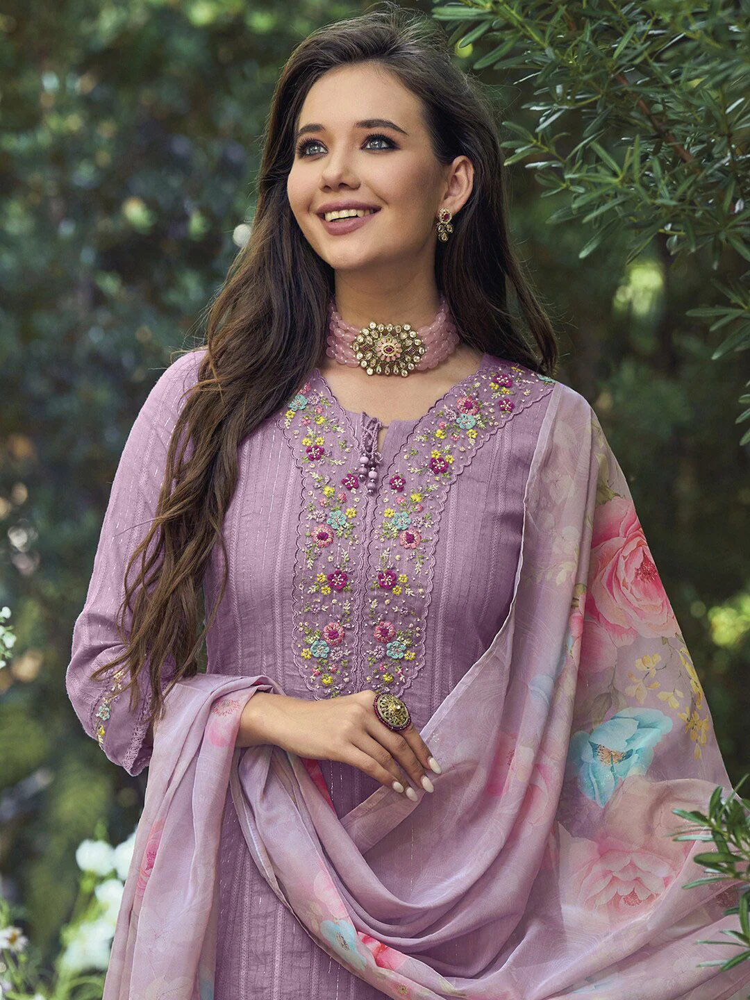 Indo Era Lavender & Red Floral Embroidered Pure Cotton Kurta With Trousers & Dupatta - Image 2