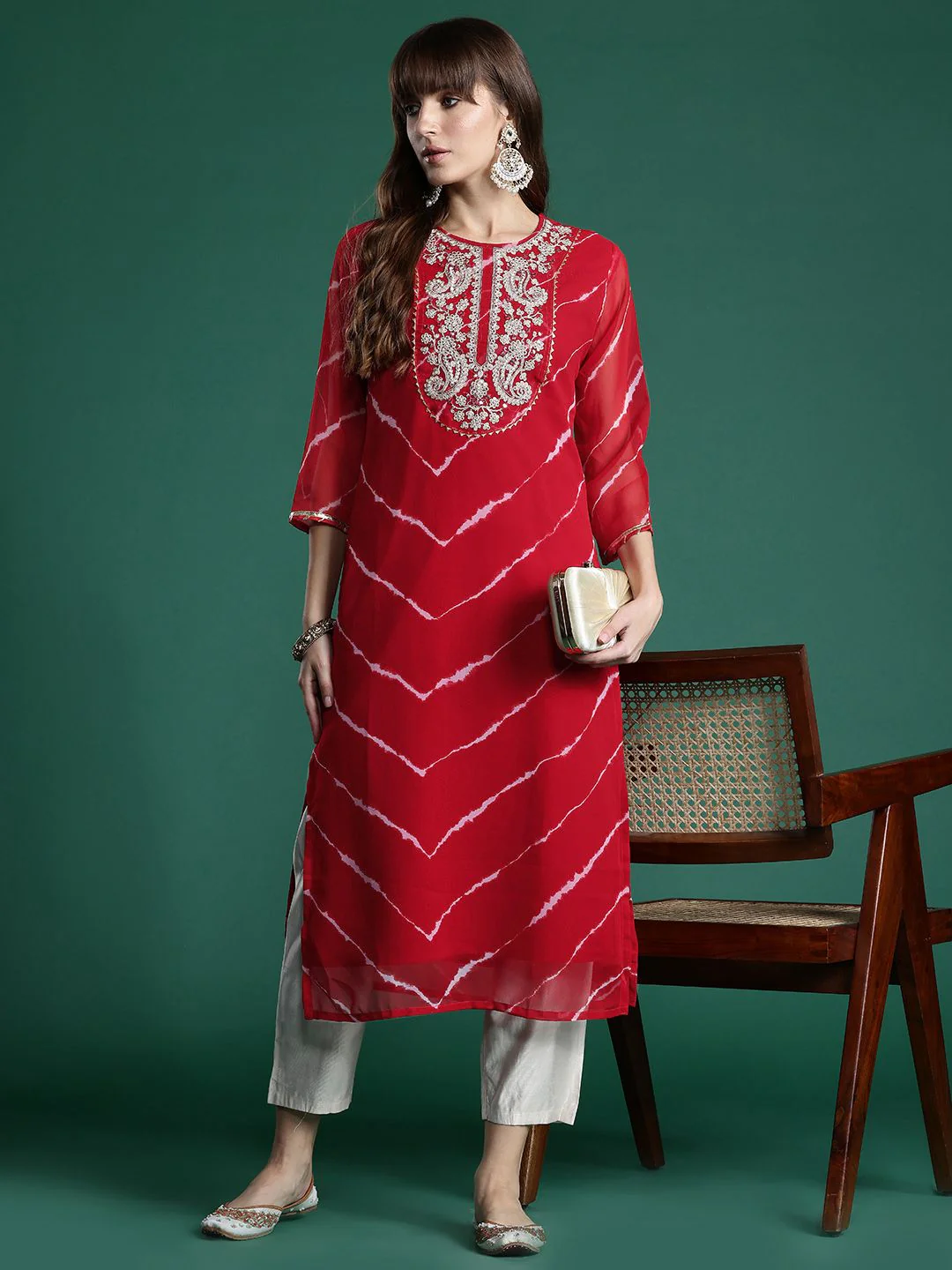Indo Era Leheriya Print Zari & Mirror Embroidered Straight Georgette Kurta - Image 6