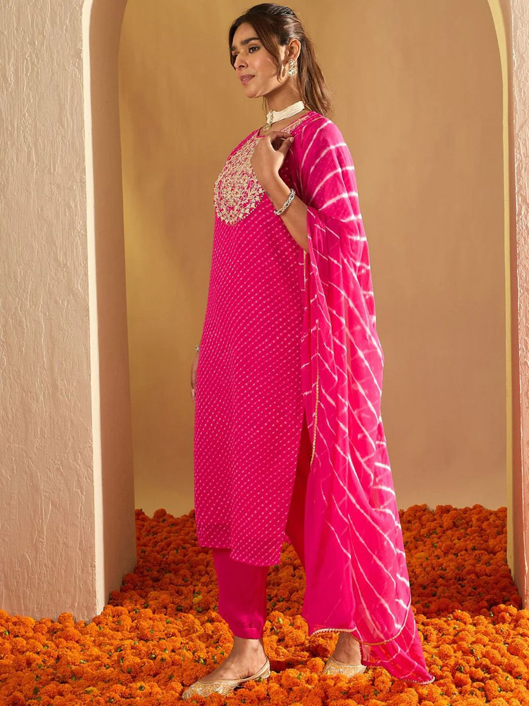 Indo Era Leheriya Printed Sequinned Straight Georgette Kurta with Trousers & Dupatta - Image 4