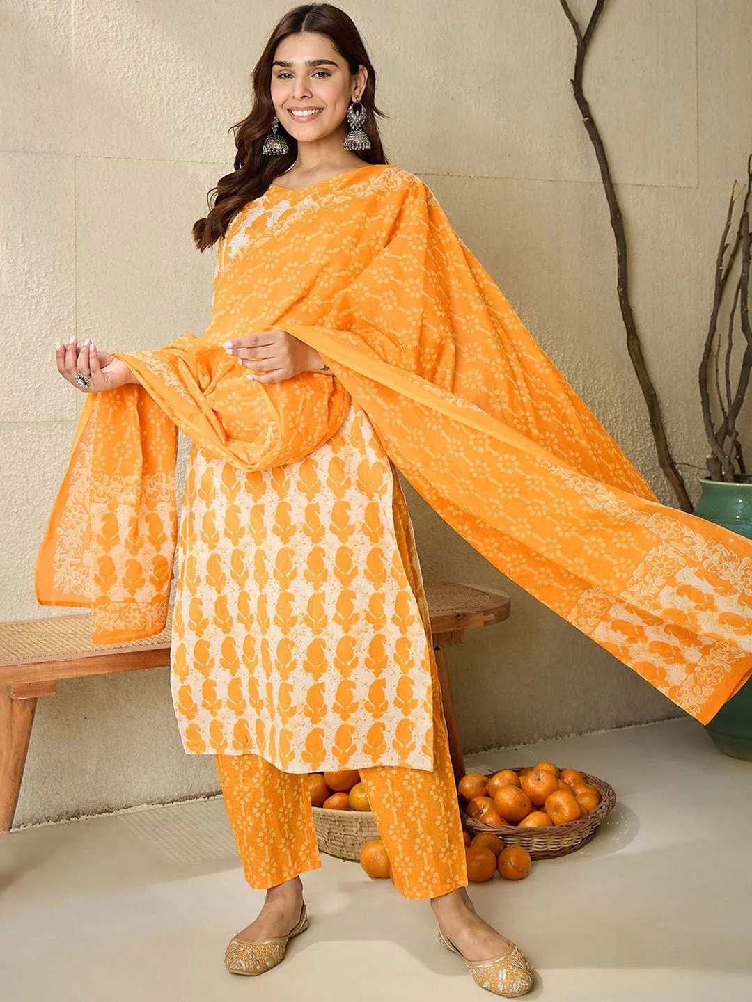 Indo Era Paisley Printed V-Neck Pure Cotton Straight Kurta With Trousers And Dupatta - Image 6