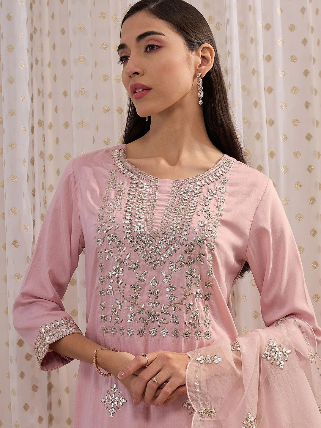 Indo Era Pink Ethnic Motifs Embroidered Gotta Patti Kurta with Trousers & Dupatta - Image 2