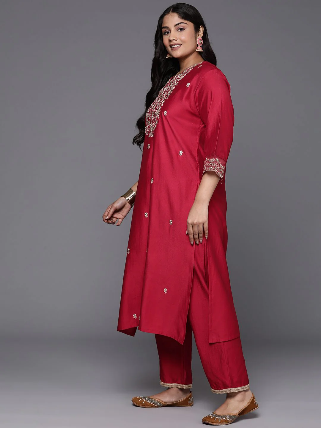 Indo Era Plus Size Ethnic Motifs Embroidered Sequinned Liva Kurta with Trousers & Dupatta - Image 6