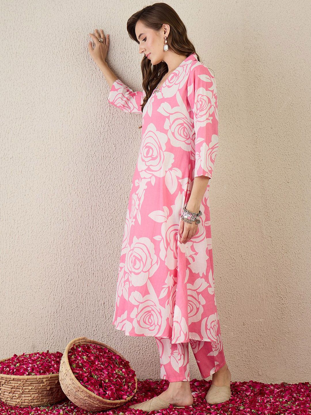 Indo Era Printed Pure Cotton Collar Neck Top With Trousers A-Line Co-Ords - Image 3