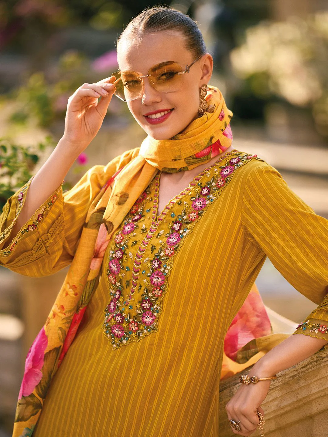 Indo Era Striped Thread Work Pure Cotton Bell Sleeves Straight Kurta & Trousers & Dupatta - Image 2