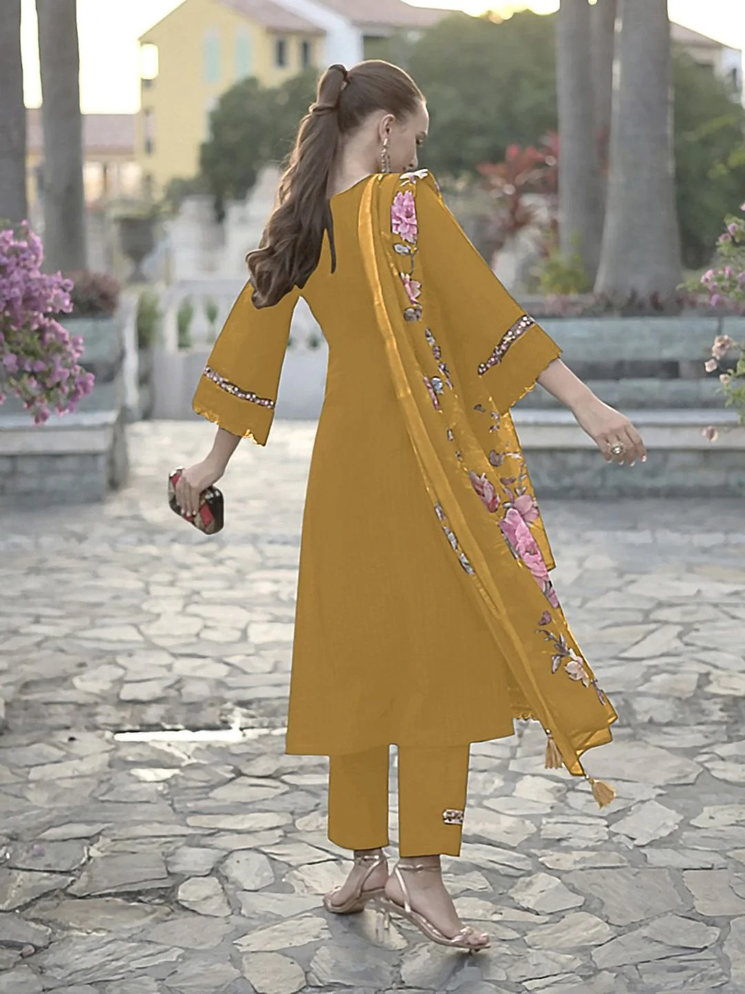 Indo Era Striped Thread Work Pure Cotton Bell Sleeves Straight Kurta & Trousers & Dupatta - Image 4
