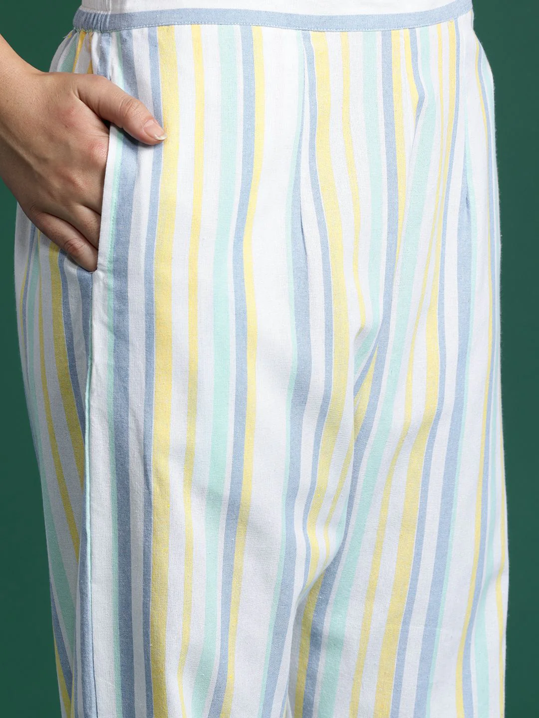Indo Era Striped Thread Work Pure Cotton Kurta with Trousers - Image 3