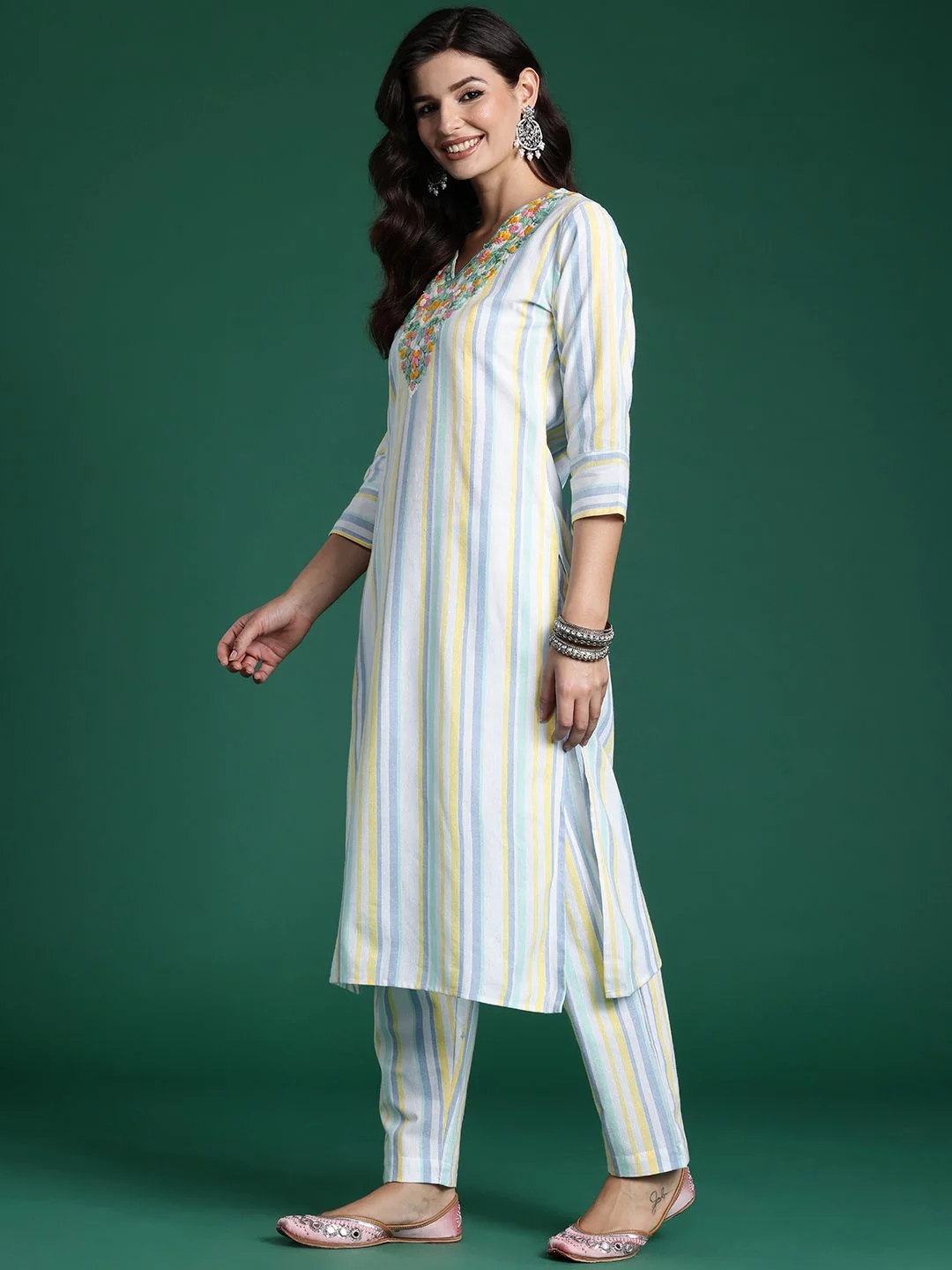 Indo Era Striped Thread Work Pure Cotton Kurta with Trousers - Image 4