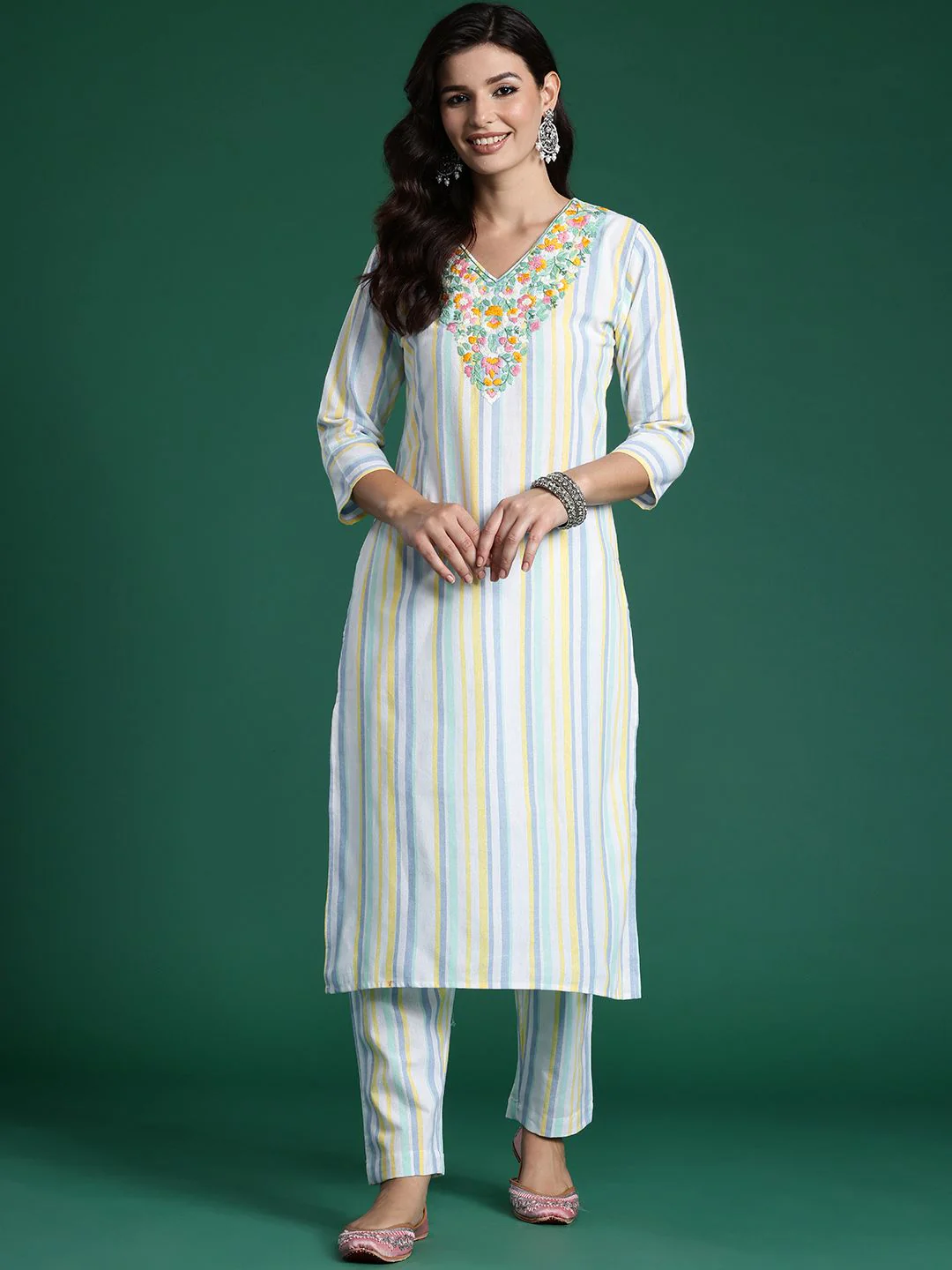 Indo Era Striped Thread Work Pure Cotton Kurta with Trousers - Image 5