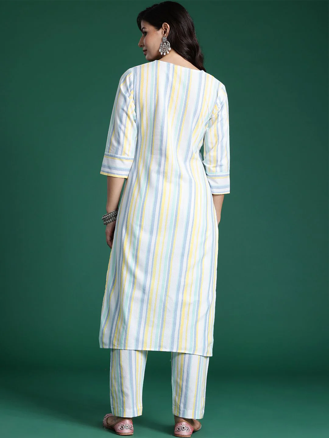 Indo Era Striped Thread Work Pure Cotton Kurta with Trousers - Image 6