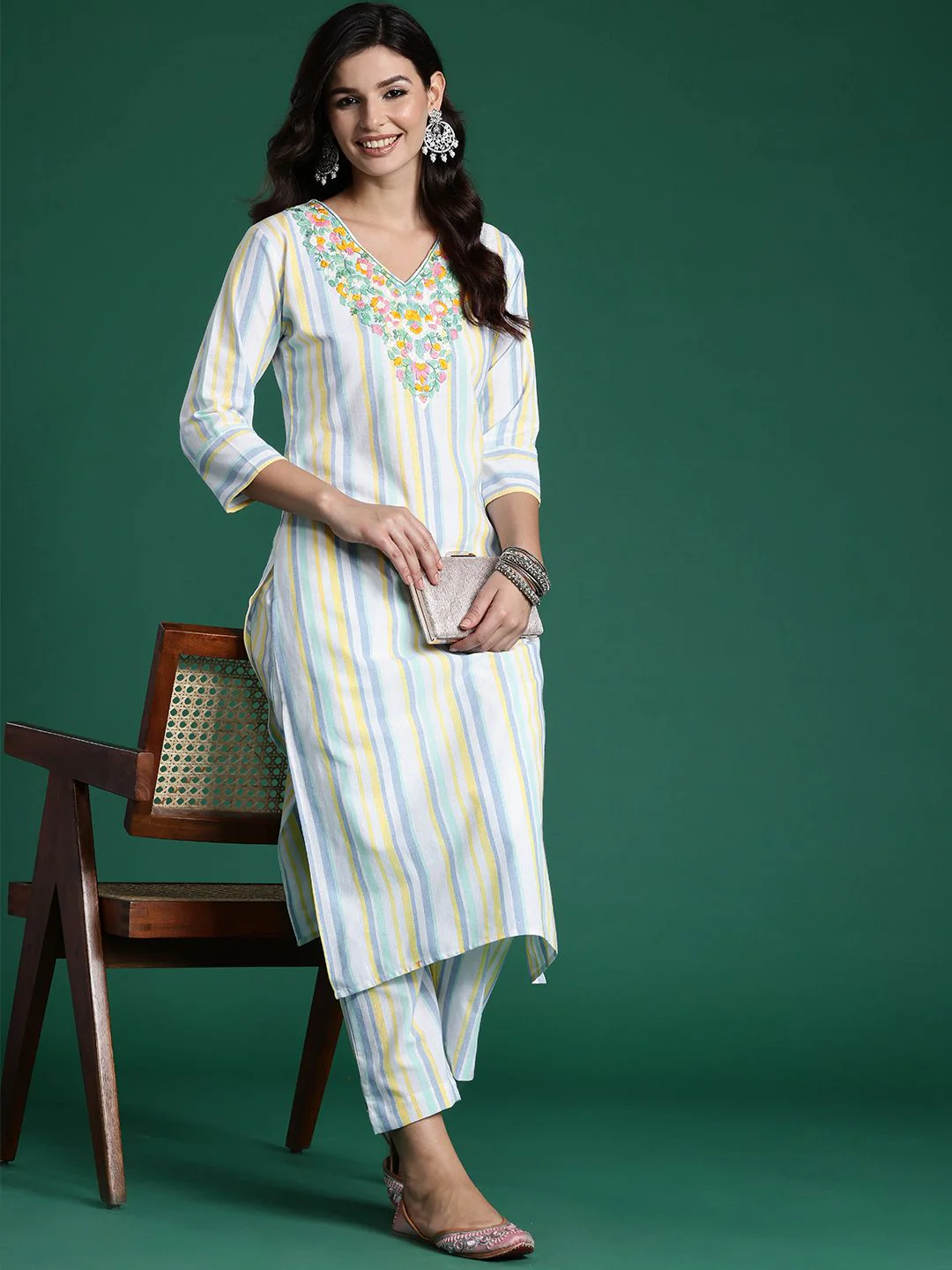 Indo Era Striped Thread Work Pure Cotton Kurta with Trousers - Image 7