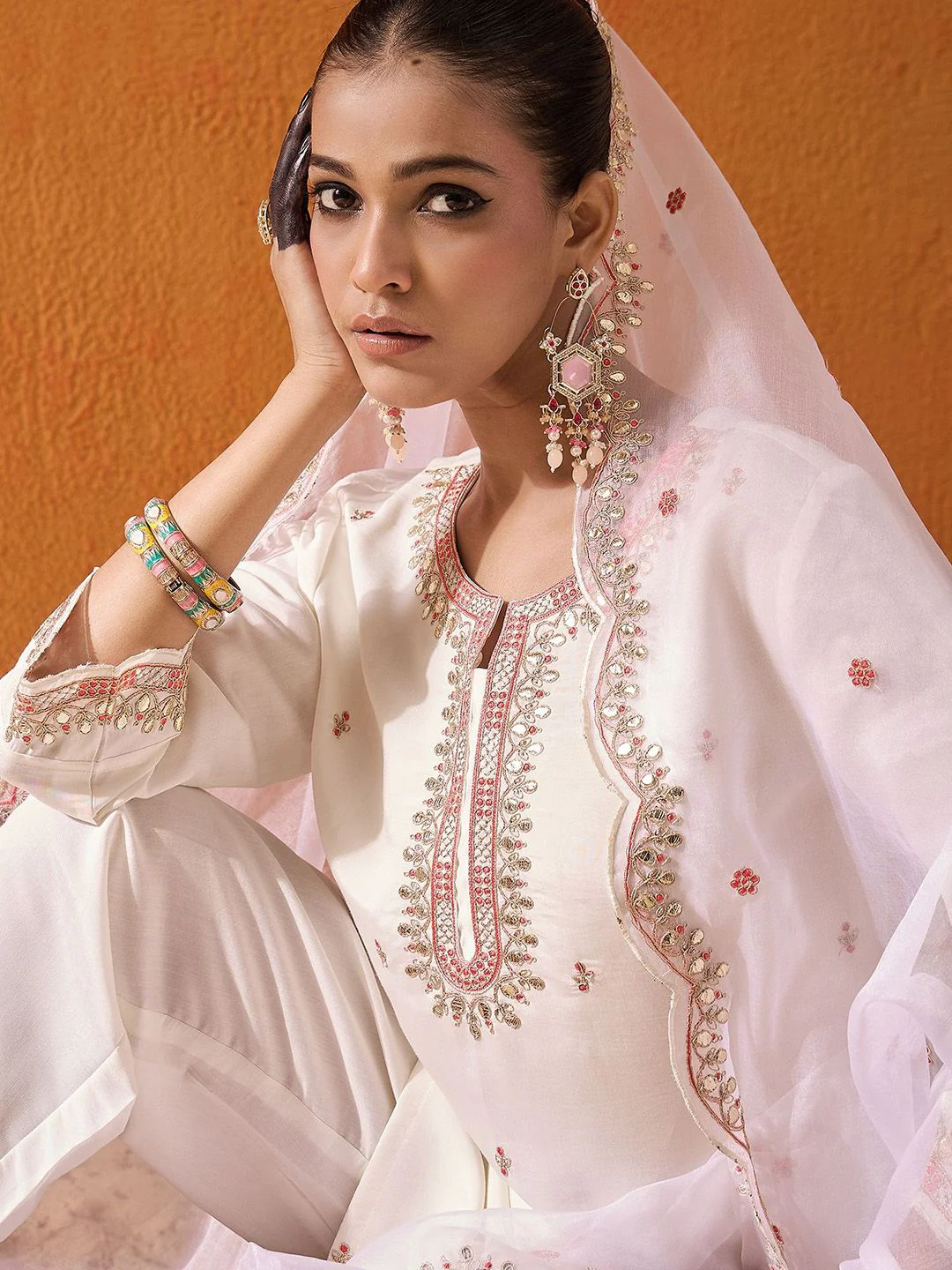 Indo Era White and Pink Ethnic Motifs Embroidered Gotta Patti Kurta with Trouser & Dupatta - Image 2