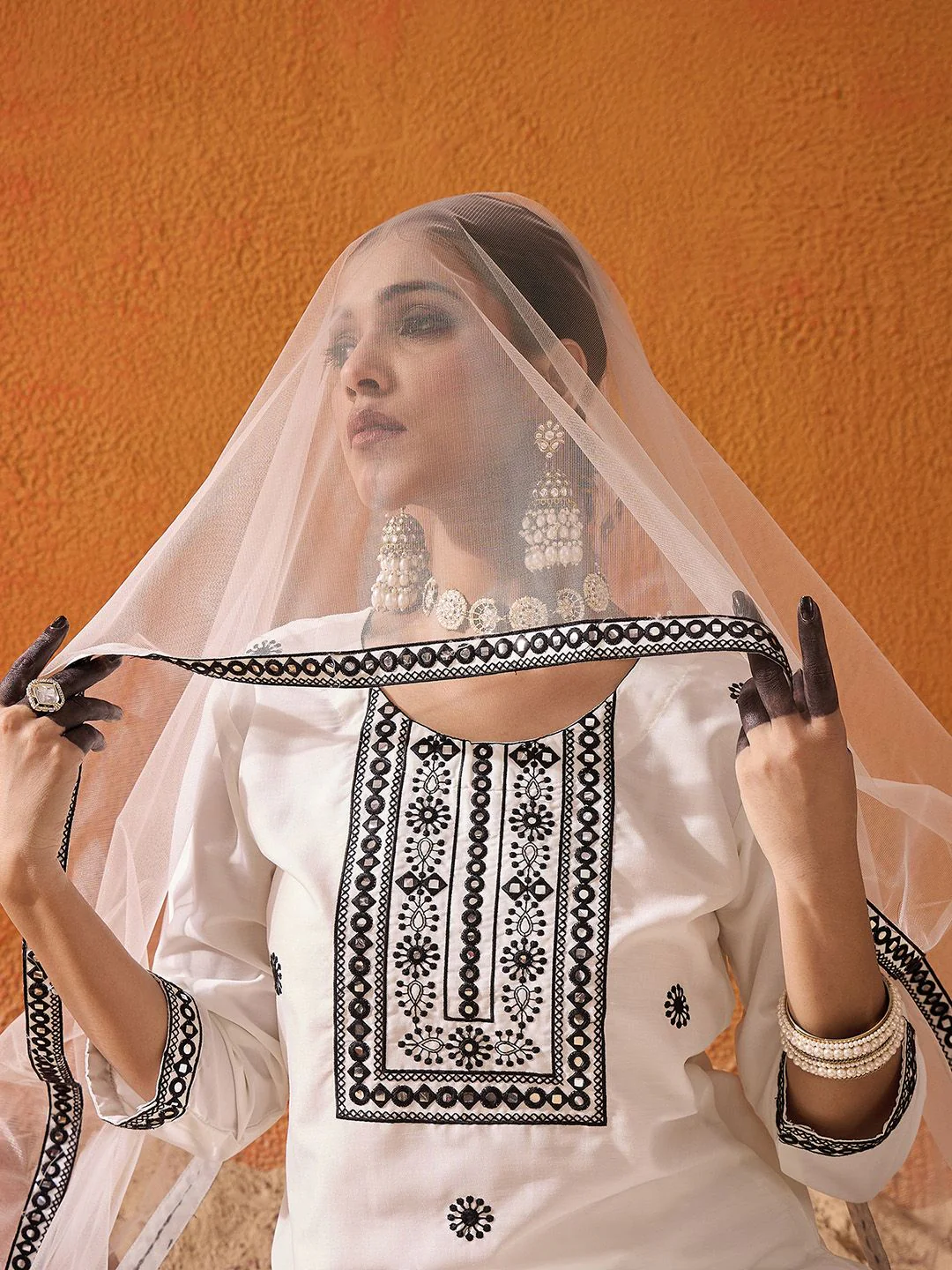 Indo Era White Floral Embroidered Straight Kurta with Trousers & Dupatta - Image 5