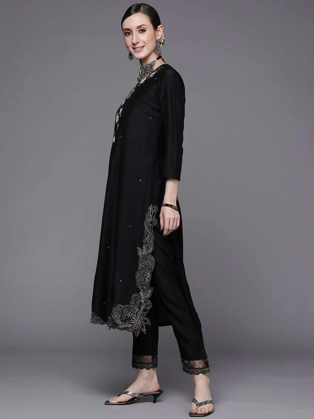 Indo Era Women Black Floral Embroidered Beads Kurta with Trousers & Dupatta - Image 4