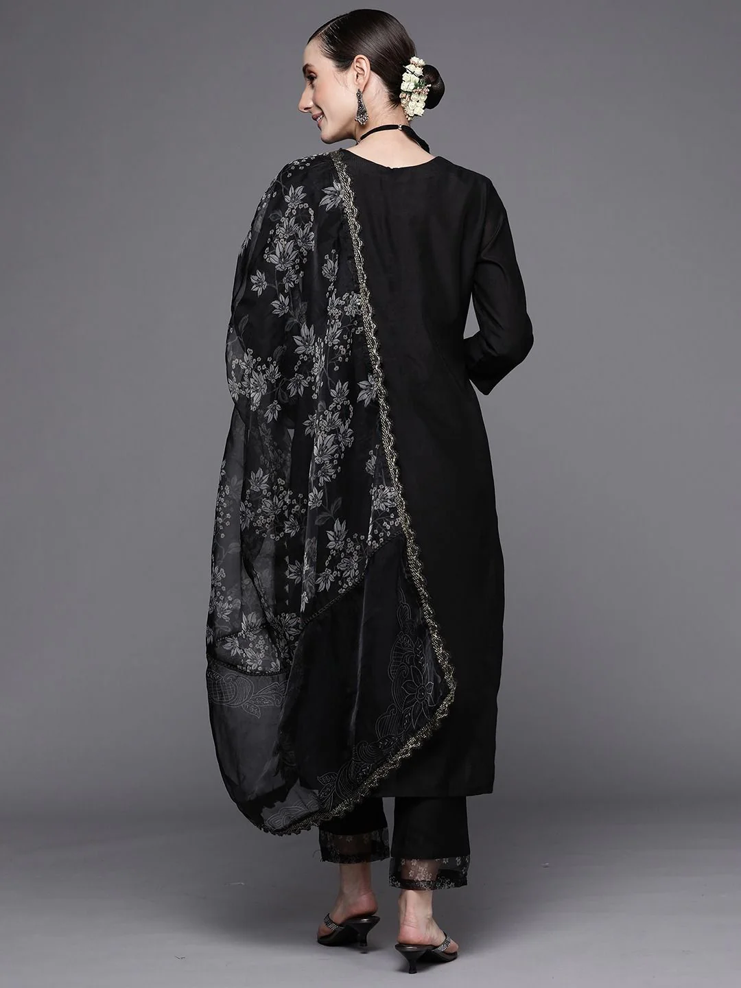 Indo Era Women Black Floral Embroidered Beads Kurta with Trousers & Dupatta - Image 6