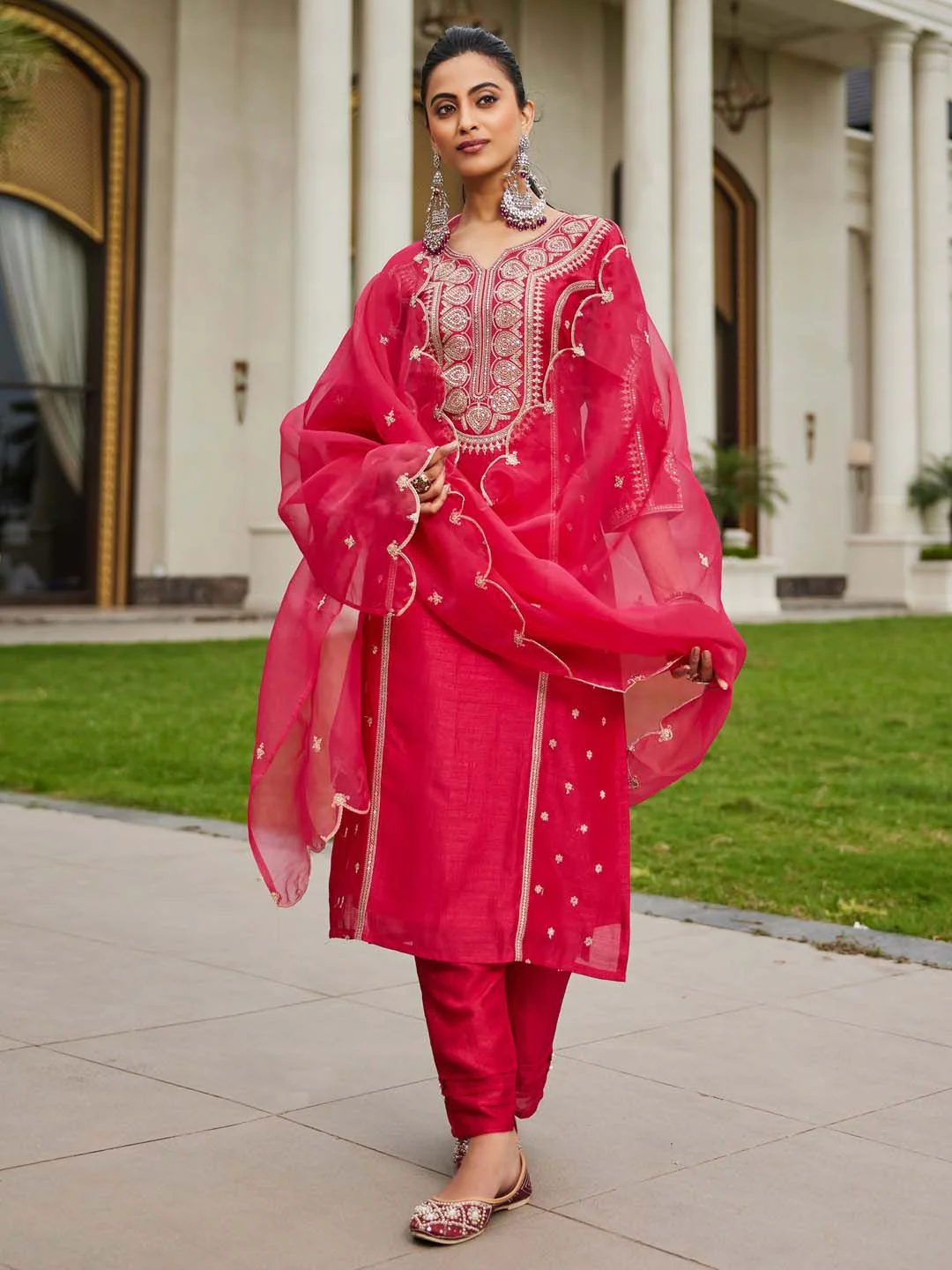 Indo Era Women Ethnic Motifs Embroidered Panelled Kurta with Trousers & With Dupatta - Image 4