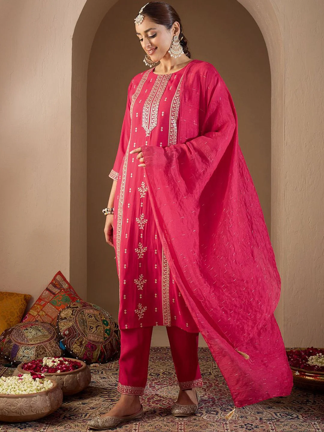 Indo Era Women Ethnic Motifs Embroidered Regular Sequinned Kurta with Trousers & With Dupatta - Image 5