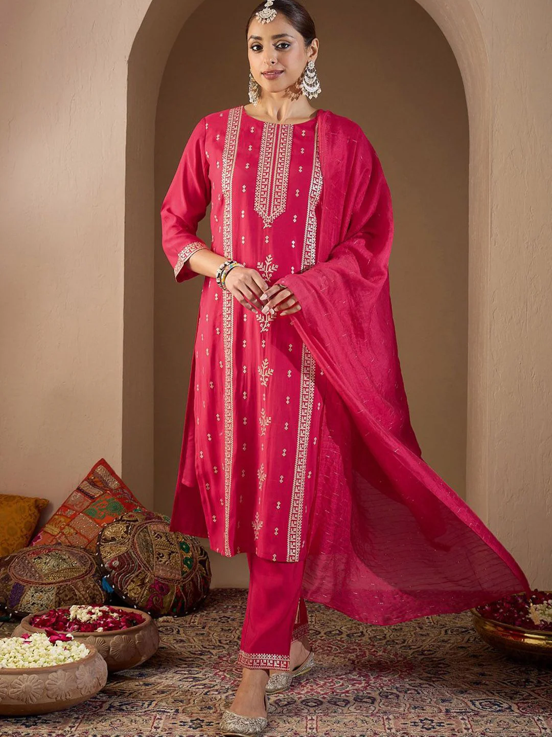 Indo Era Women Ethnic Motifs Embroidered Regular Sequinned Kurta with Trousers & With Dupatta - Image 6